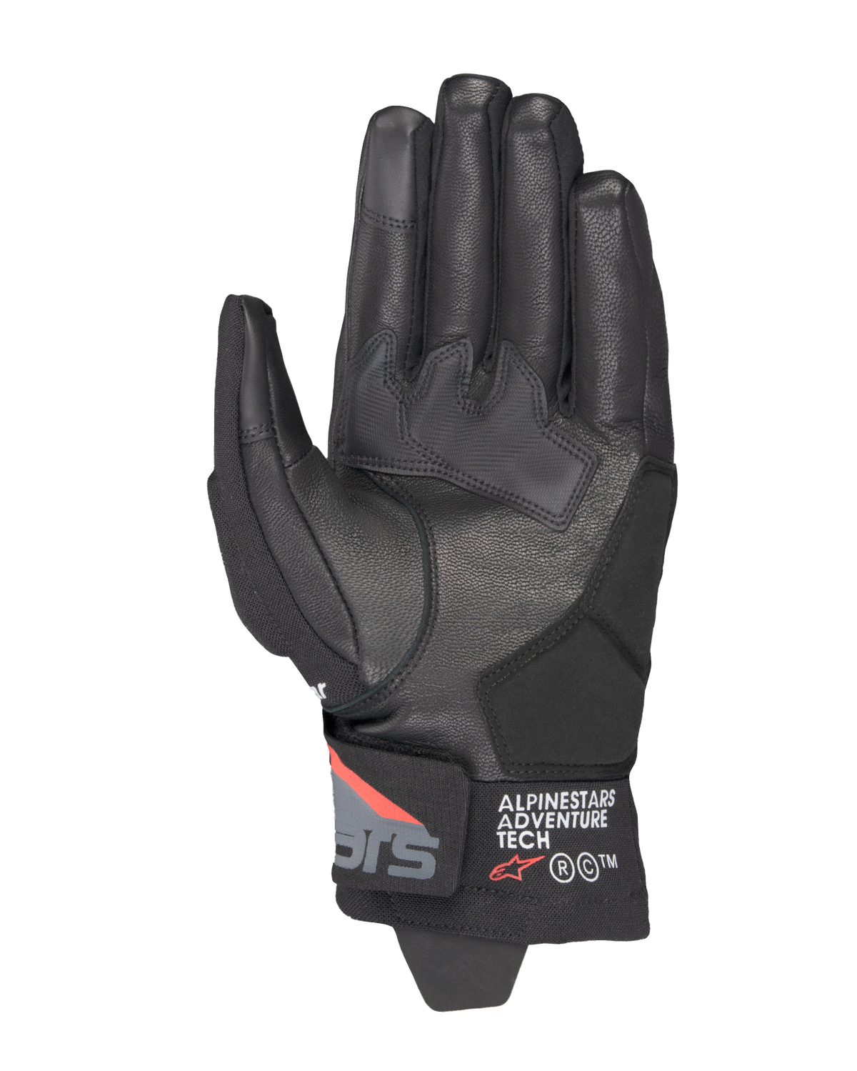 Alpinestars Corozal V3 Drystar®-handskar, Black Deep Gray Red Fluo, vy av handflatan med läderkonstruktion, syntetiska förstärkningar i handflatan och kort manschett med Alpinestars Adventure Tech-märkning