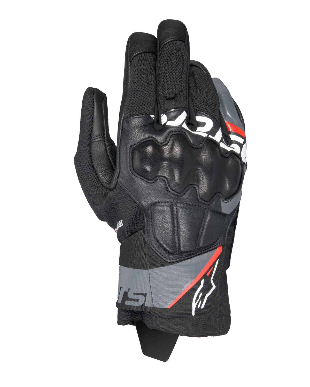 Alpinestars Corozal V3 Drystar® handskar, motorcykelhandskar för äventyr, svarta med mörkgrå och neonröda accenter, vy uppifrån med läderklätt SP-knogskydd, textil- och läderkonstruktion och kort manschett, vattentät utrustning för äventyrskörning
