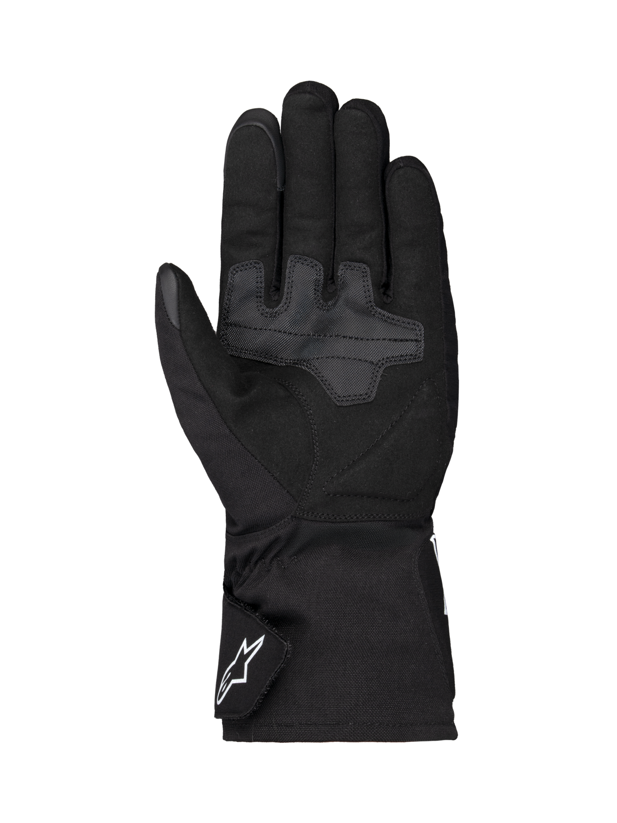 Alpinestars Wt-1 Drystar® isolerade handskar, motorcykelhandskar, svarta, vy av handflatan med förstärkta greppytor i textil, lång krage med vit Alpinestars-logotyp på remmen, väderbeständig konstruktion för vägkörning