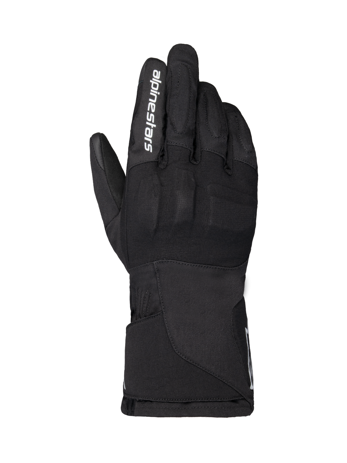 Alpinestars WT-1 Drystar Insulated-handskar, motorcykelhandskar, svarta, textilkonstruktion med integrerat knogskydd, vit Alpinestars-logotyp på pekfingret, lång krage, vattentät och termisk körutrustning för väg- och äventyrsbruk