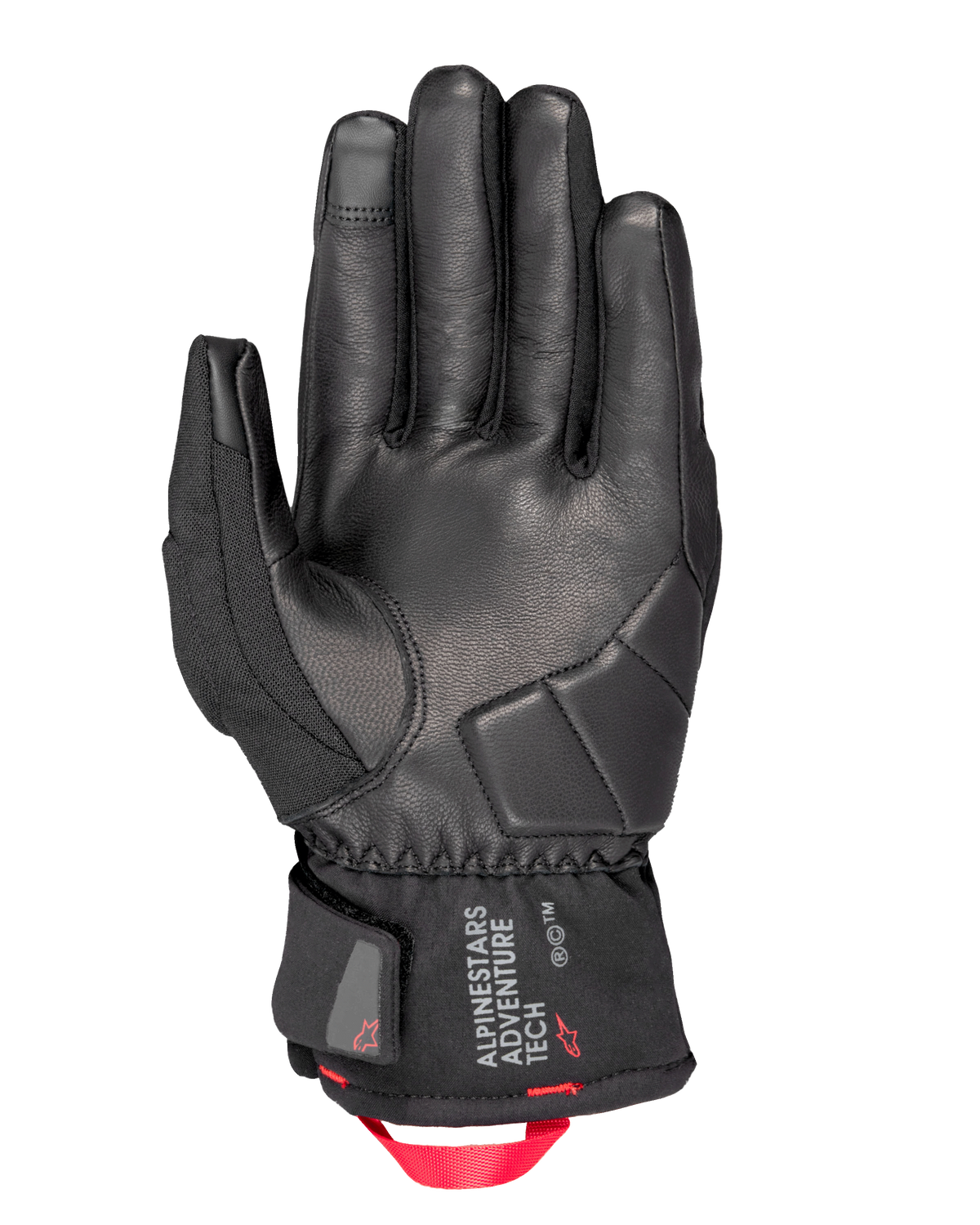 Alpinestars Crestone GORE-TEX Insulated Gloves, motorcykelhandskar, svarta, vy av handflatan med läderkonstruktion och förstärkt stötdämpande vaddering, kort manschett med Alpinestars Adventure Tech-logotyp och en klar röd dragögla