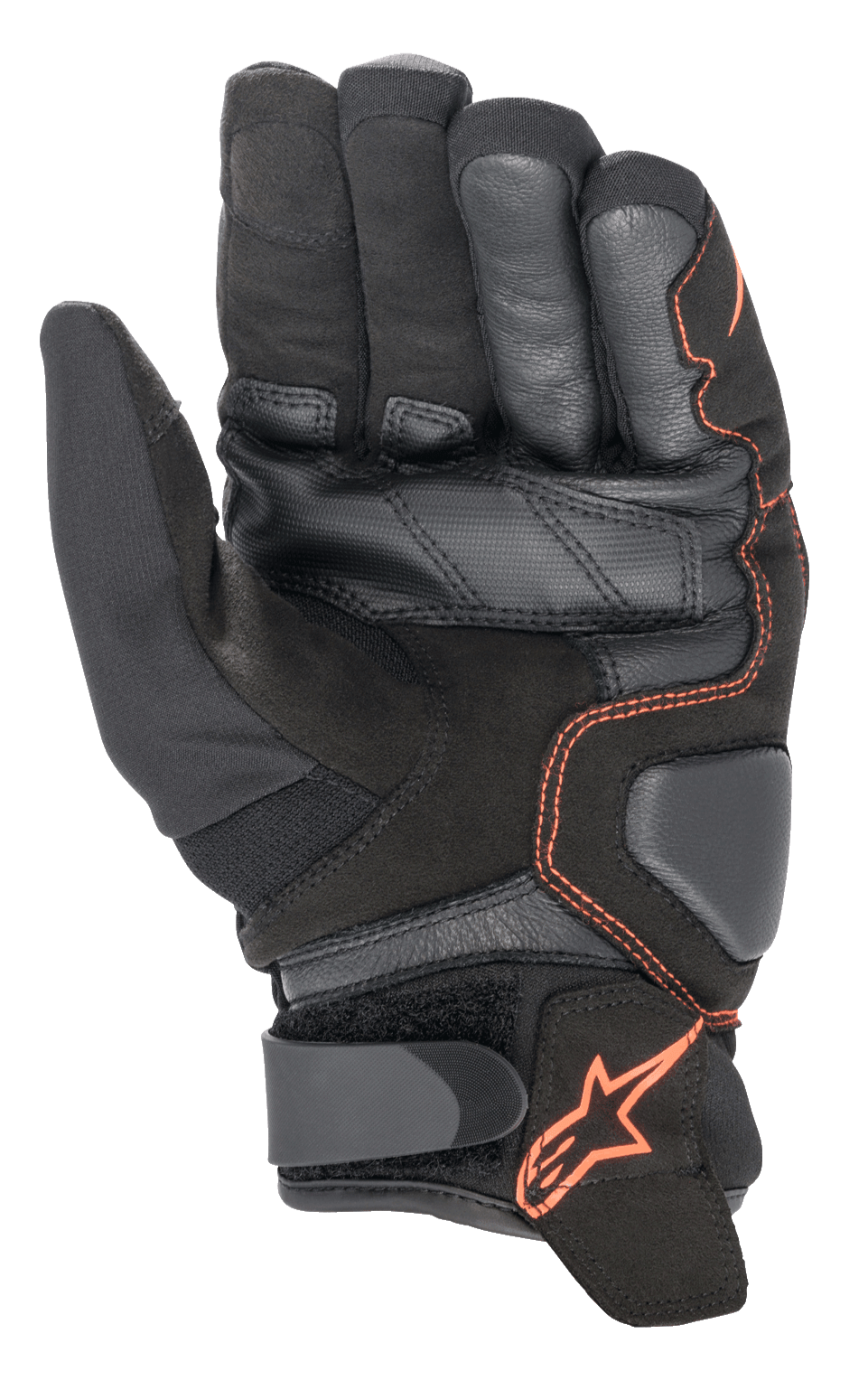 Alpinestars SMX-1 Drystar®-handskar, motorcykelhandskar, svart och röd fluo, vy av handflatan som framhäver förstärkt konstruktion i läder och mocka, vadderade landningszoner och kardborreband vid handleden med röd stjärnlogotyp.