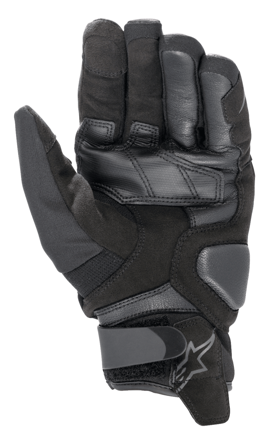 Alpinestars SMX-1 Drystar® handskar, motorcykelhandskar, svarta, vy av handflatan som visar konstruktion i syntetisk mocka, läderförstärkningar, vadderade landningszoner och justerbar handledsstängning med logotyp