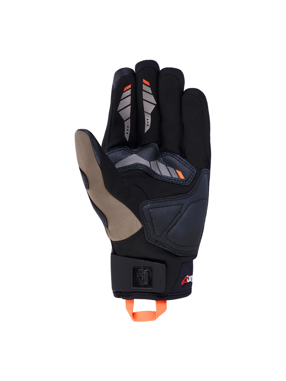 Alpinestars Maxdura Drystar handskar, äventyrs-MC-handskar för all-terrain, svarta, bruna och orange, vattentät textilkonstruktion med mockafärgad handflata och fingertoppar med pekskärmsfunktion