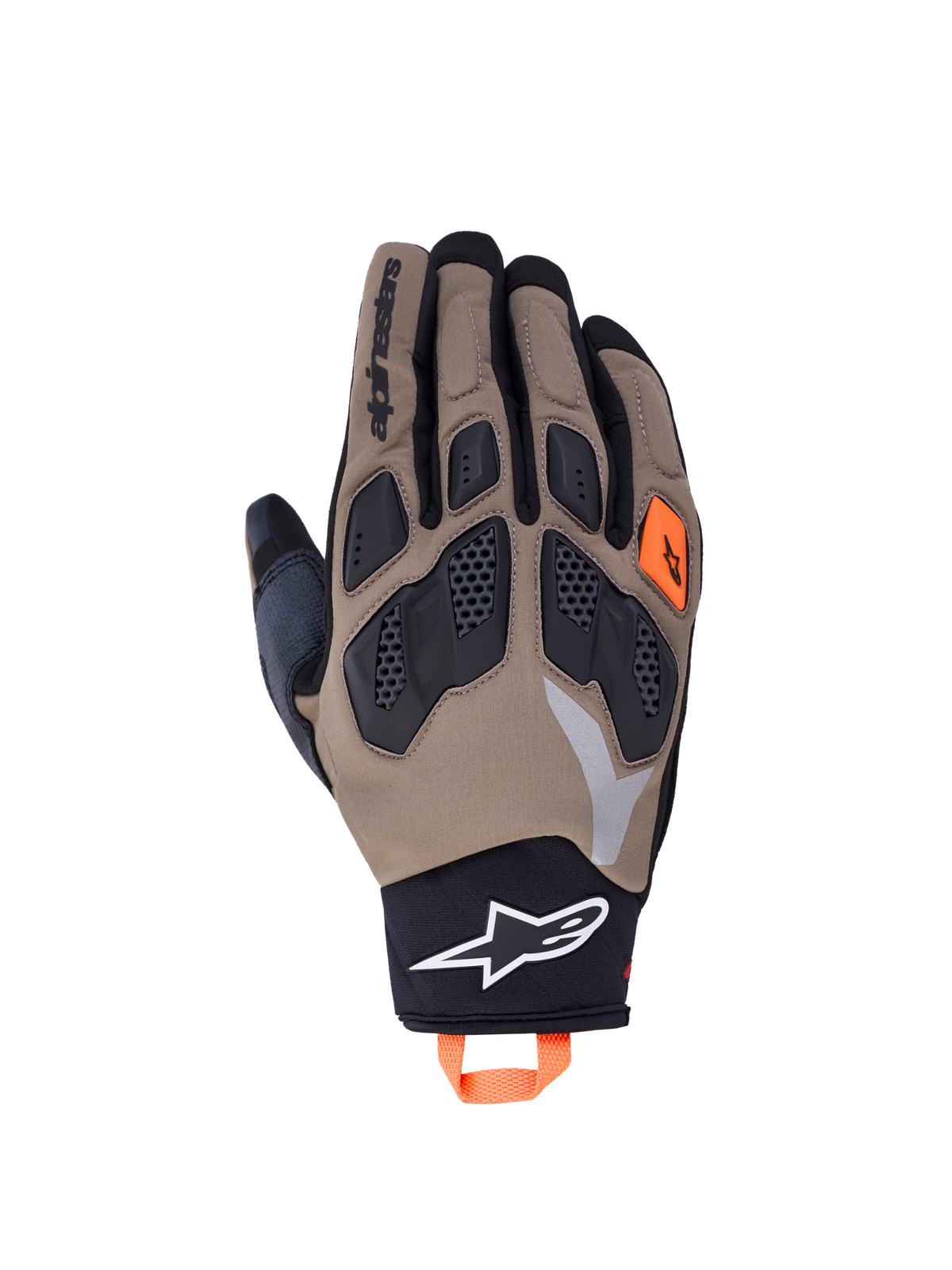 Alpinestars Maxdura Drystar handskar, äventyrsmotorcykelhandskar, svarta och bruna med orange detaljer, flexibla TPR-knogar och vattentät konstruktion