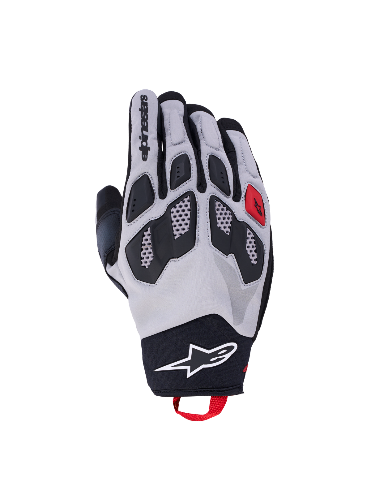 Alpinestars Maxdura Drystar handskar, MC-handskar för äventyrskörning, gråa och svarta med röda detaljer, flexibla TPR-knogar och vattentät konstruktion