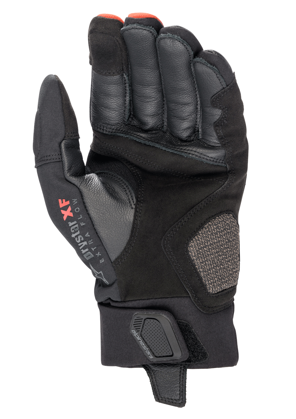 Alpinestars Hyde XT Drystar® XF-handskar, motorcykelhandskar, svarta och Fire Red, vy av handflatan som visar förstärkt konstruktion i syntetisk mocka, Drystar® XF-logotyp vid tummen och justerbar handledsrem