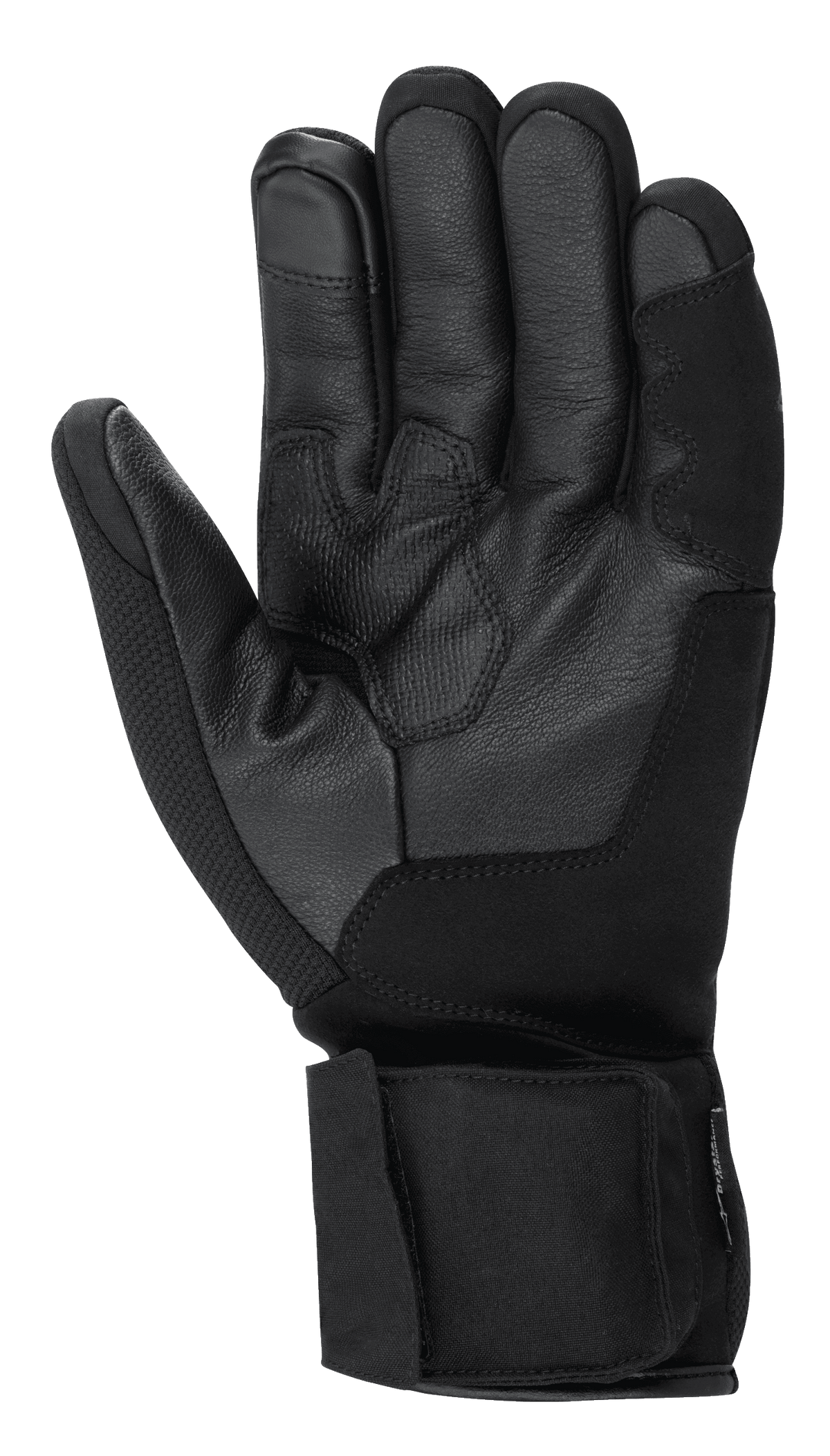 Alpinestars HT-3 Heat Tech Drystar®-handskar, svarta motorcykelhandskar, vy av handflatan som visar konstruktion i getläder, texturerat grepp på handflata och tumme, justerbar handledsrem, pekskärmskompatibelt pekfinger, touringutrustning för vinterbruk