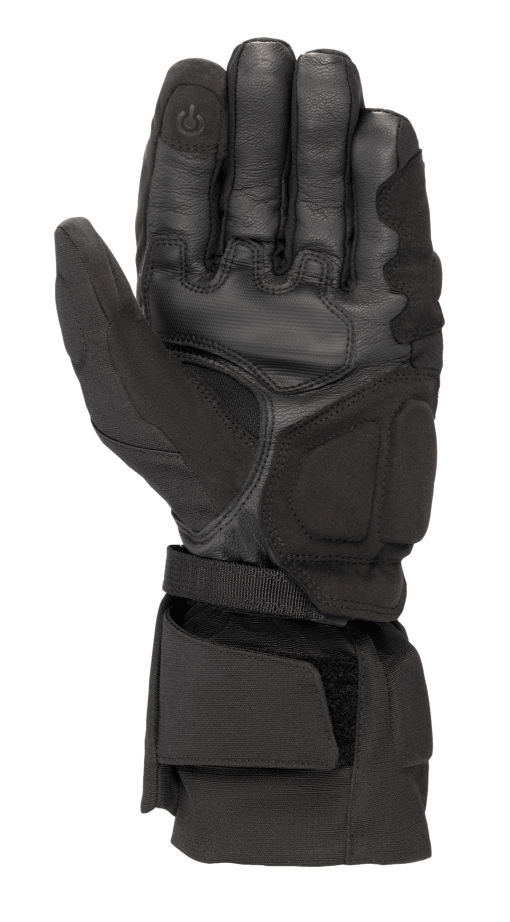 Alpinestars WR-X GORE-TEX-handskar, svarta motorcykelvinterhandskar, vy av handflatan som visar konstruktion i läder och syntetisk mocka, lång manschett med justerbar rem och pekskärmskompatibel fingertopp.