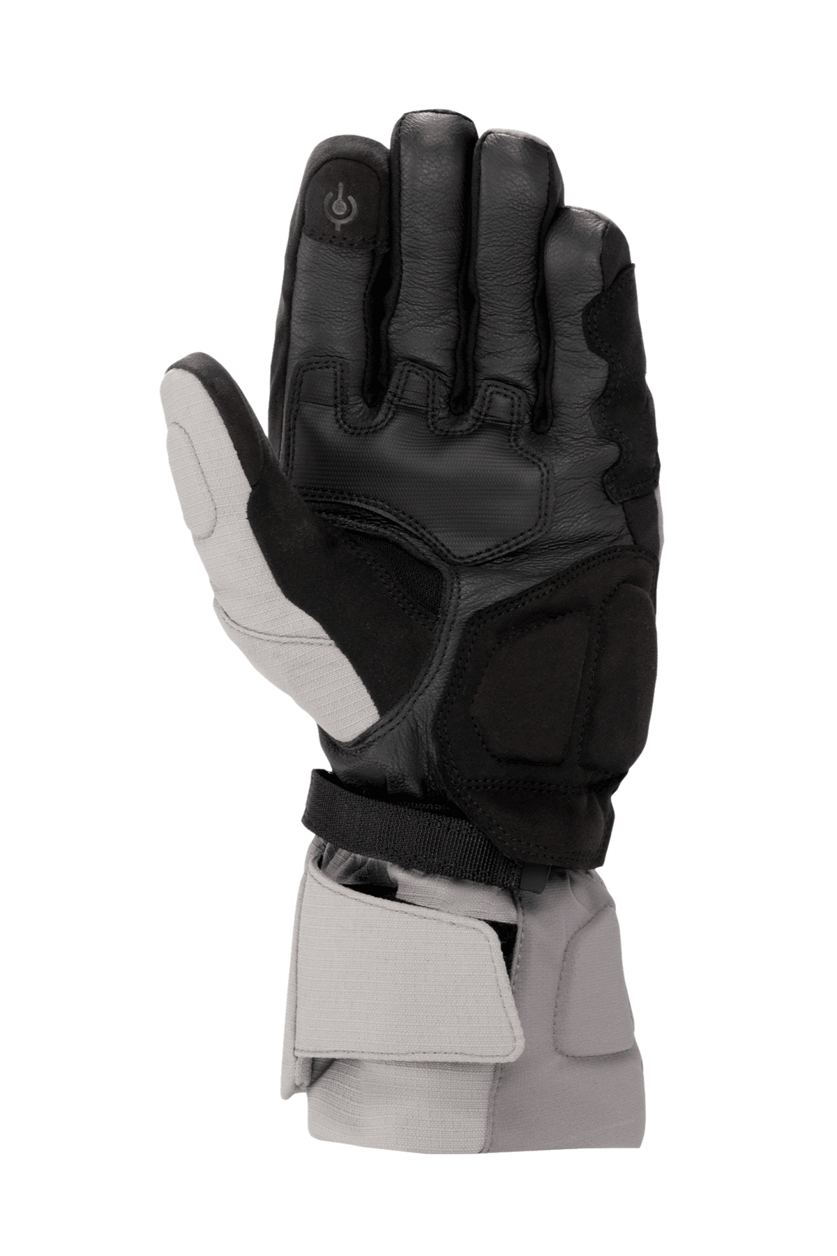 Alpinestars WR-X GORE-TEX Gloves, Winter Motorcycle Gloves, Dark Gray Ice Gray and Black, palm view showing leather construction, synthetic suede reinforcements, touchscreen compatible index finger, and long cuff for weather protection