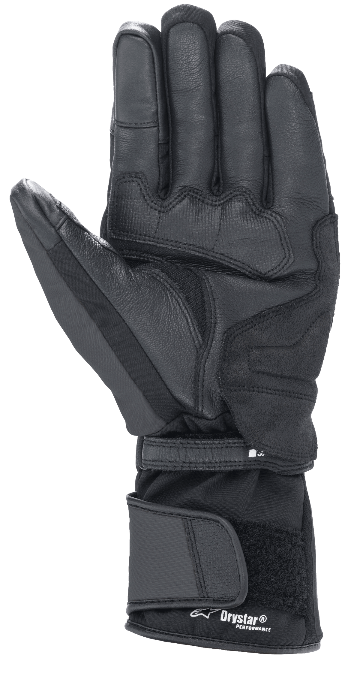 Alpinestars Denali Aerogel Drystar® Gloves, Black, palm view featuring reinforced material panels, textured grip on fingers, and adjustable long cuff with Drystar® Performance branding, winter motorcycle gear for adventure touring