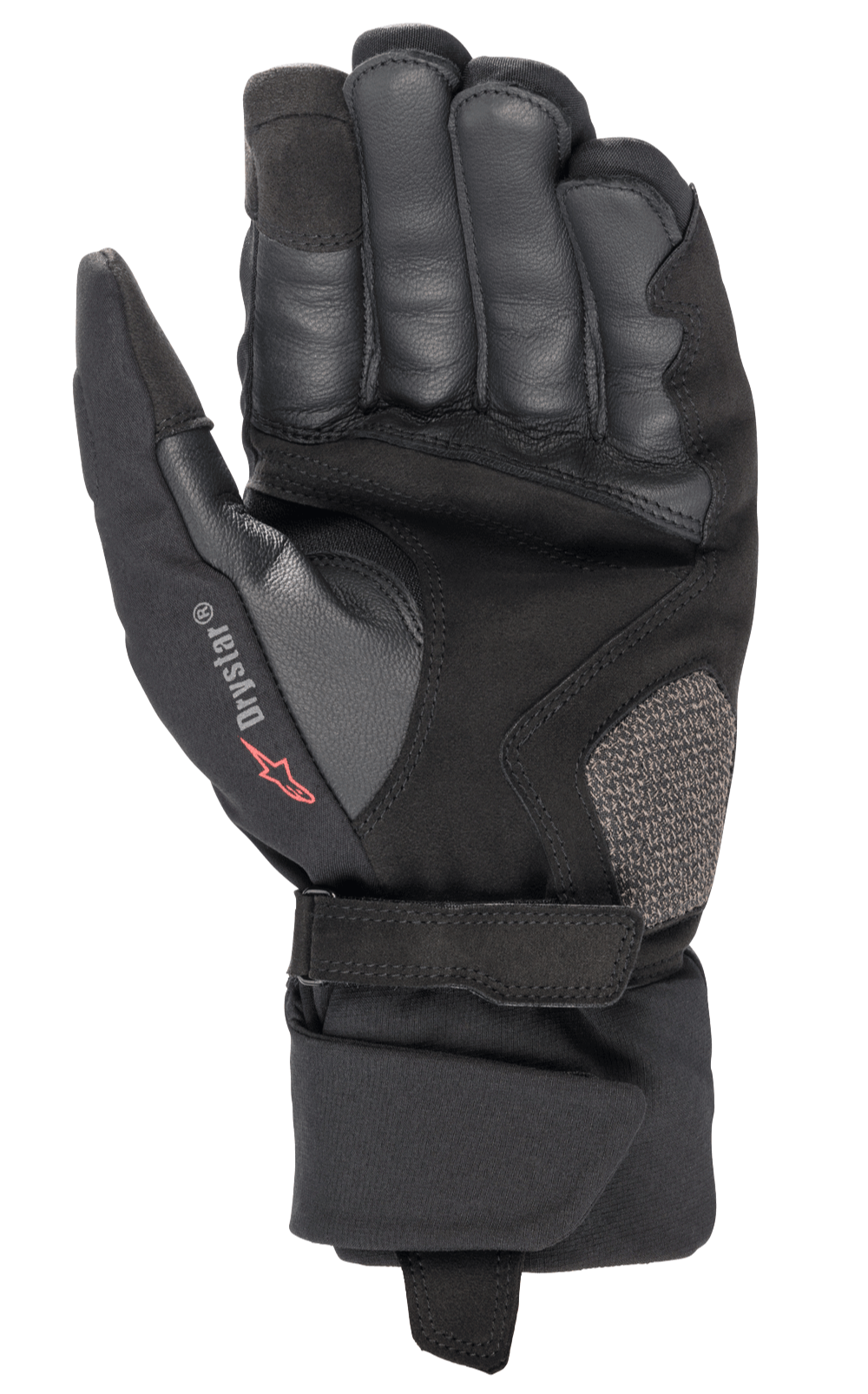 Alpinestars Bogota' Drystar® XF-handskar, motorcykelhandskar, svarta, vy av handflatan med förstärkt läderkonstruktion, justerbar handledsrem och Drystar-branding, hållbar utrustning för adventure touring