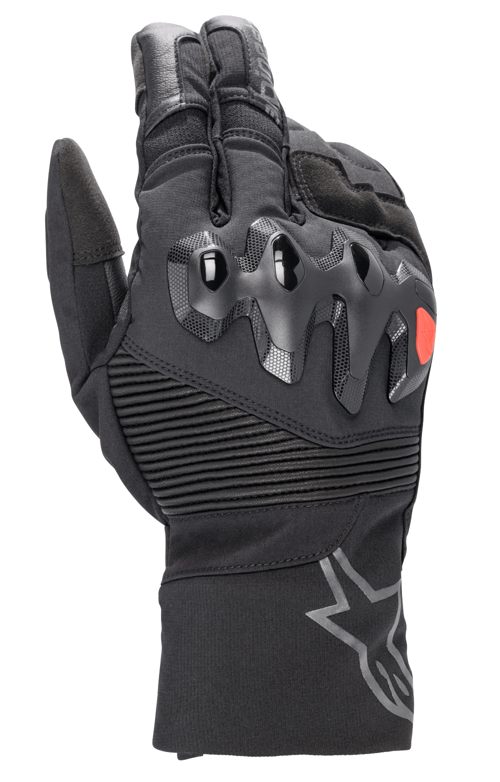 Alpinestars Bogota Drystar XF handskar, långa touringhandskar för motorcykel, svarta med röd logotypdetalj, överinjicerat knogskydd, ribbade stretchpaneler vid handleden och lång krage med grå stjärnlogotyp.