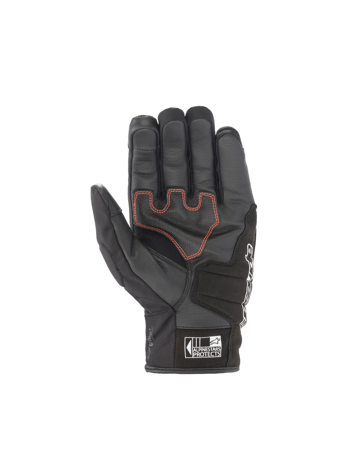 Alpinestars SMX Z Drystar handskar, svarta vattentäta motorcykelhandskar i getläder med röd söm i handflatan.