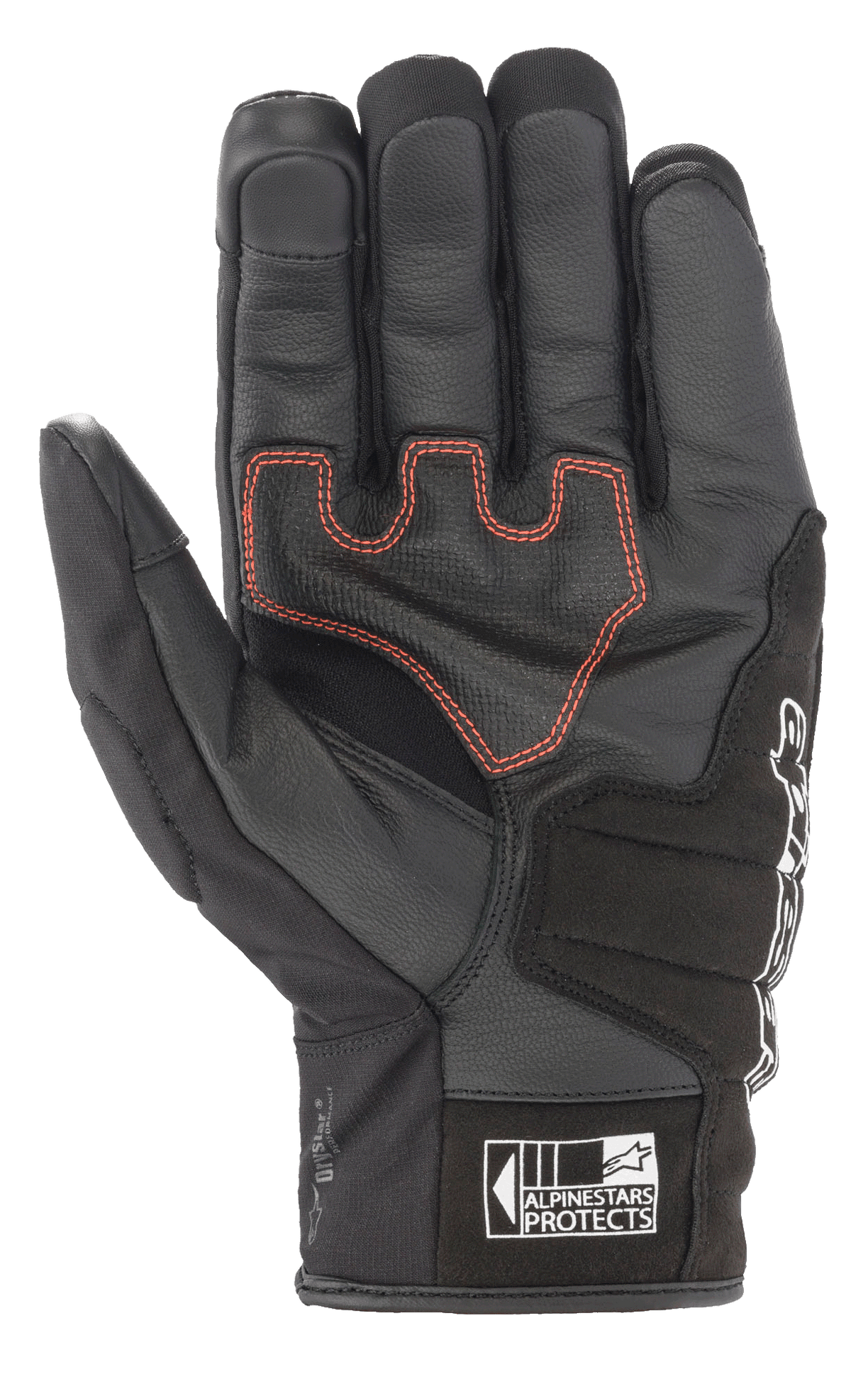 Alpinestars SMX Z Drystar® Gloves, short cuff motorcycle riding gloves, Black with red contrast stitching, palm view showing leather construction and reinforced padding, featuring the Alpinestars Protects logo on the cuff.