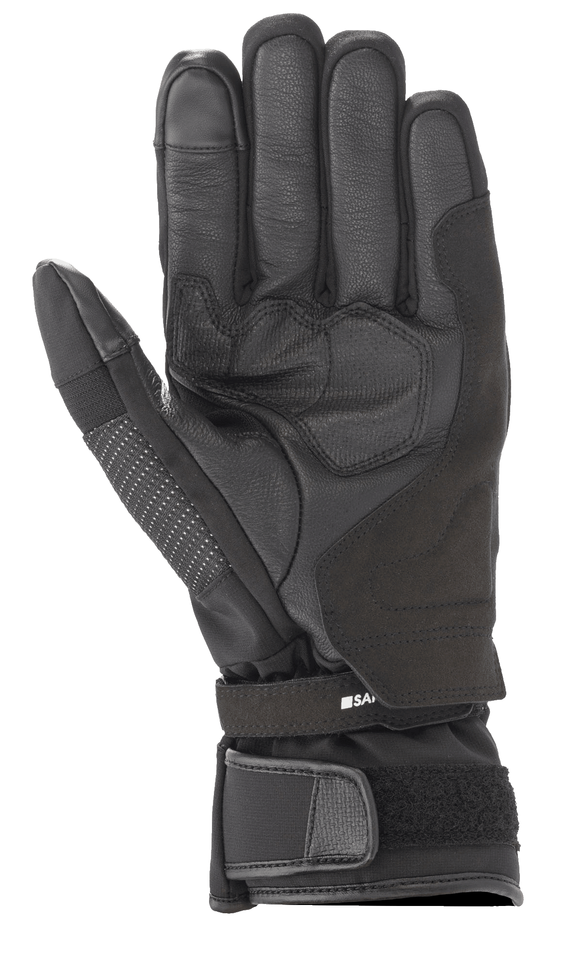 Alpinestars Andes V3 Drystar® Glove, Black Motorcycle Glove, Palm view featuring goat leather and textile construction, reinforced palm area, adjustable wrist strap with velcro cuff, technical all-weather touring design