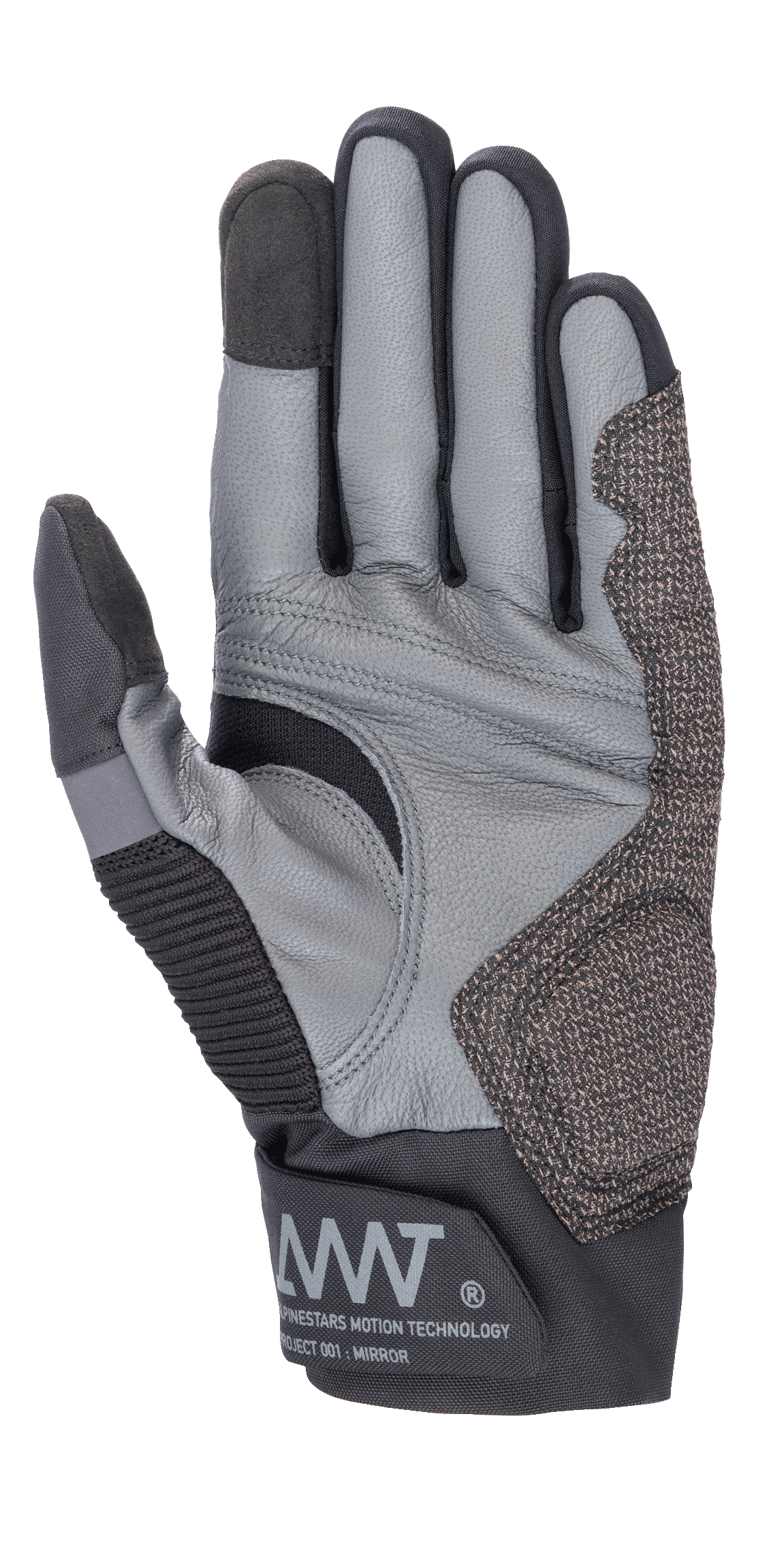 Alpinestars AMT-10 Air HDry® Gloves, Black and Gray, palm view highlighting goat leather construction, ergonomic grip pattern, and technical stretch inserts, featuring AMT branding on the cuff