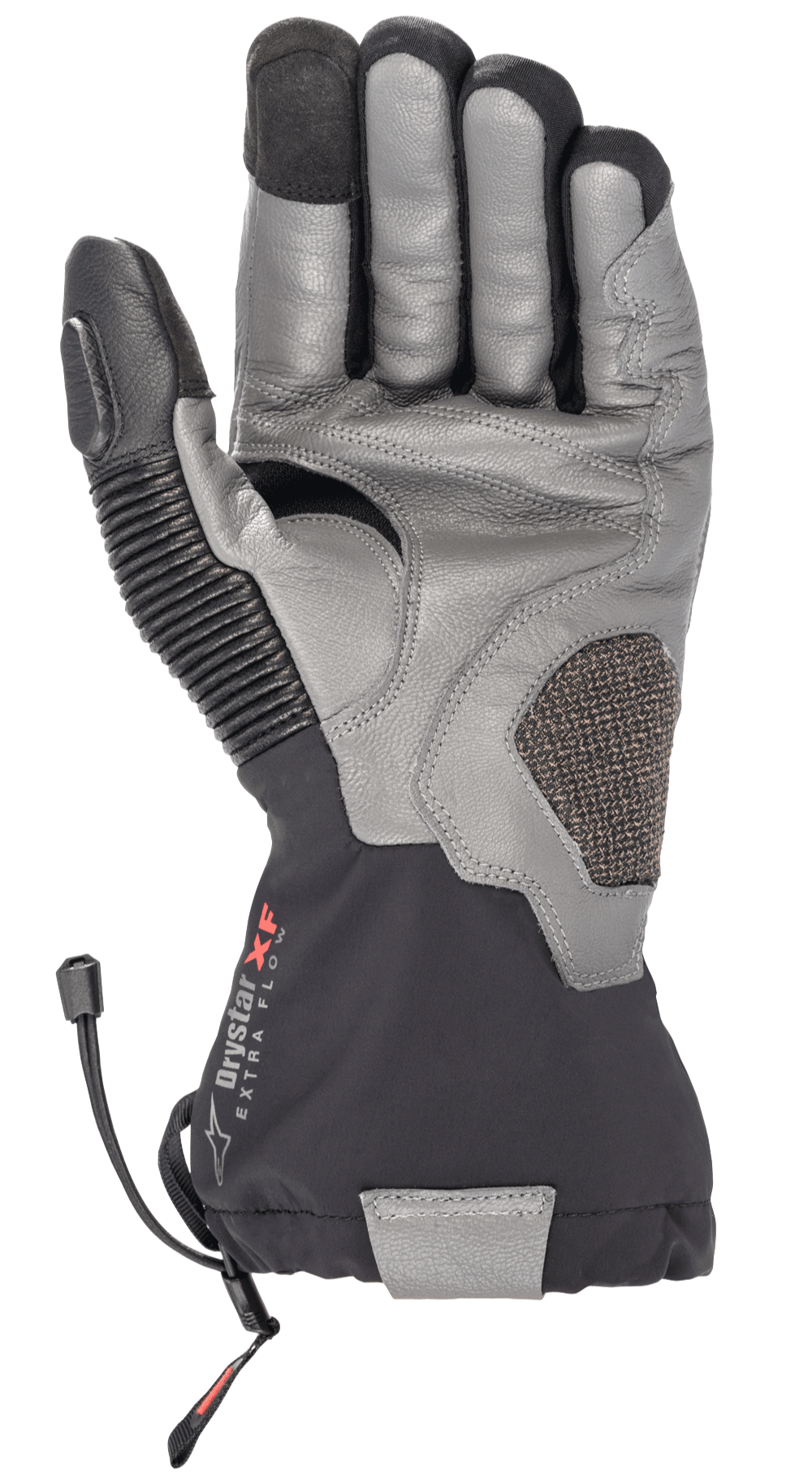 Alpinestars Amt-10 Drystar® XF vinterhandskar, motorcykelhandskar för touring, svarta och mörkgrå, vy av handflatan med strukturerat getläder, lång vattentät mudd med Drystar XF-logotyp, dragspelspanel i läder på tummen och förstärkt handflata för äventyrs- och vägkörning.