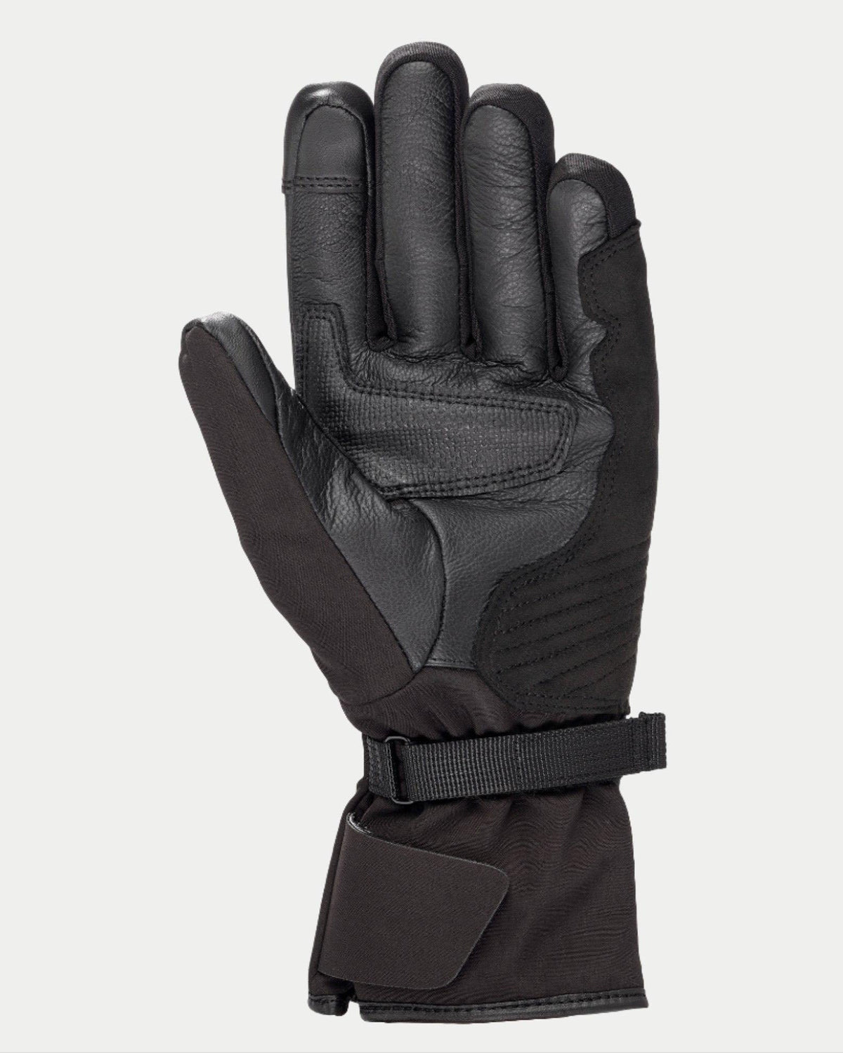 Alpinestars Stella Tourer W-7 Drystar® damhandskar, svarta, vy av handflatan som visar konstruktion i läder och softshell, lång touringmanschett med justerbar rem, förstärkt handflata och tumme, vattentät och termisk vinterutrustning för adventure touring