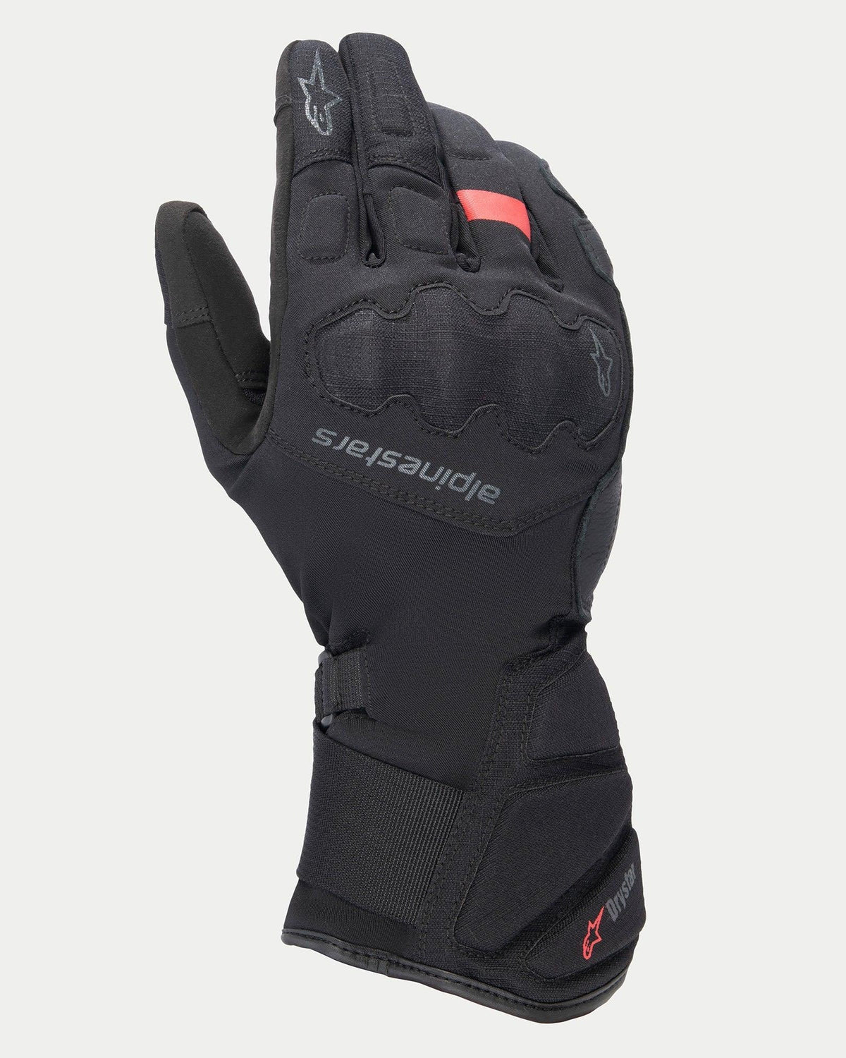 Alpinestars Stella Tourer W-7 V2 Drystar® damhandskar, svarta touring-motorcykelhandskar för vinterbruk, design med lång manschett och integrerat knogskydd, paneler i textil och läder med röd Drystar-logotyp och reflekterande detaljer.