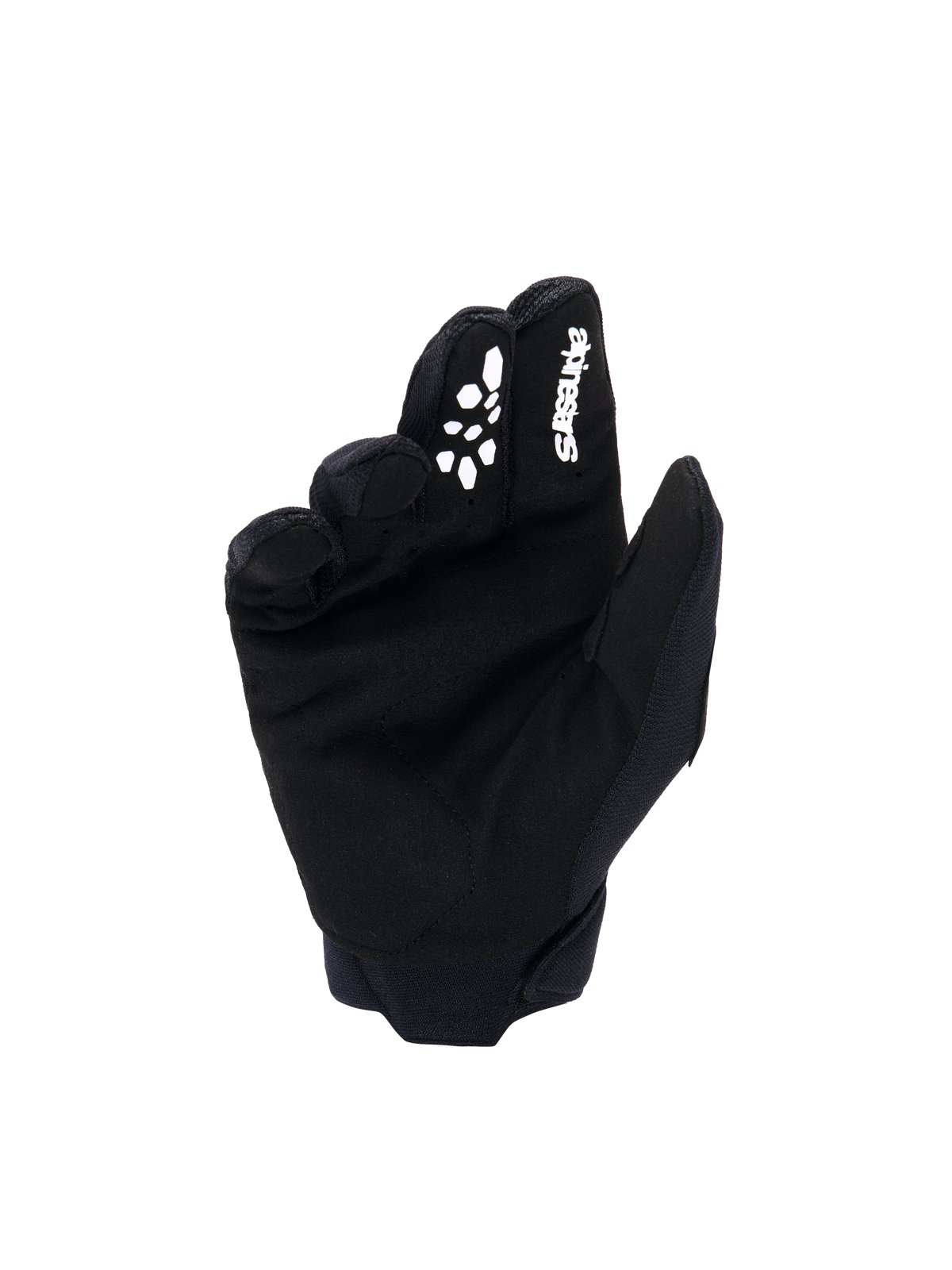 Alpinestars Youth & Kids Full Bore V2 Gloves, Motocross Gloves, Black and White, Palm view showing synthetic suede material, white Alpinestars logo and silicone-printed grip on index finger, durable off-road racing gear