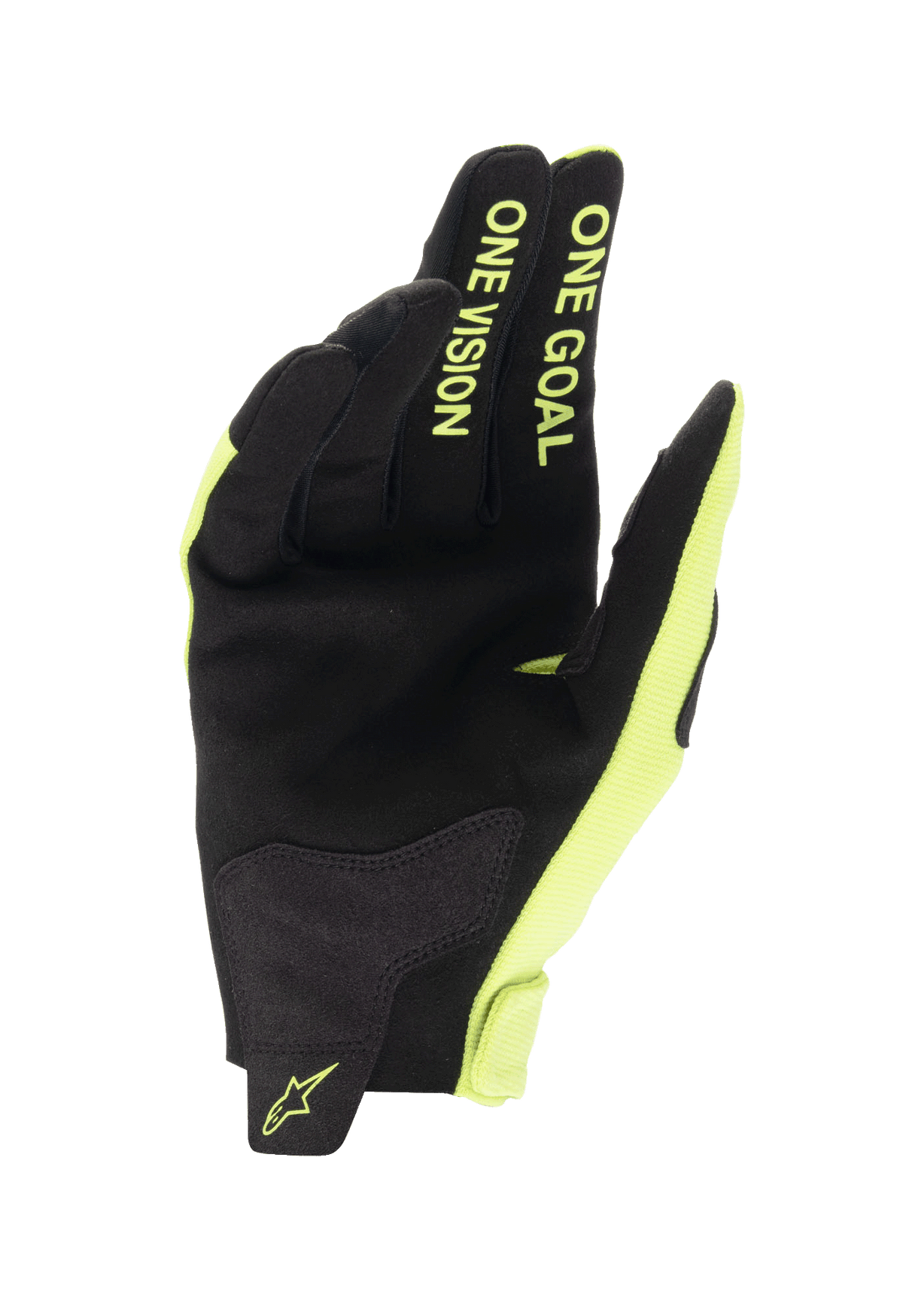Alpinestars Youth 2024 Radar-handskar, motocrosshandskar, svarta och fluorescerande gula, vy av handflatan med konstruktion i syntetmocka, texten ”ONE GOAL ONE VISION” på fingrarna i fluorescerande gult, hållbar design för terrängkörning