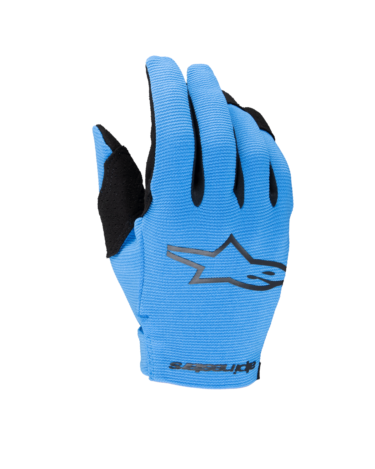 Alpinestars 2025 Radar-handskar för ungdom, motocross- och terränghandskar, blå och svarta, med en texturerad ljusblå ovansida, svart stjärnlogotyp och Alpinestars-märkning på handleden, motorcykelhandskar för ungdomar