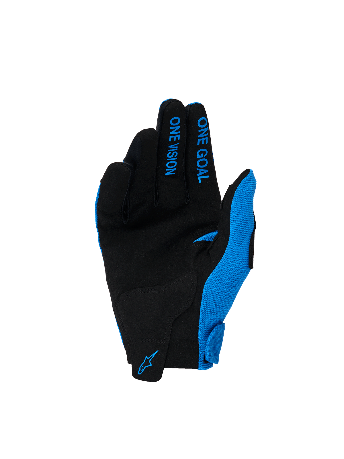 Alpinestars 2026 Radar-handskar för ungdomar, motocrosshandskar, UCLA Blue och vit, handflata i svart syntetmocka, blå text 'ONE GOAL' och 'ONE VISION' på fingrarna, blå Alpinestars-logotyp på handleden, designade för terrängkörning