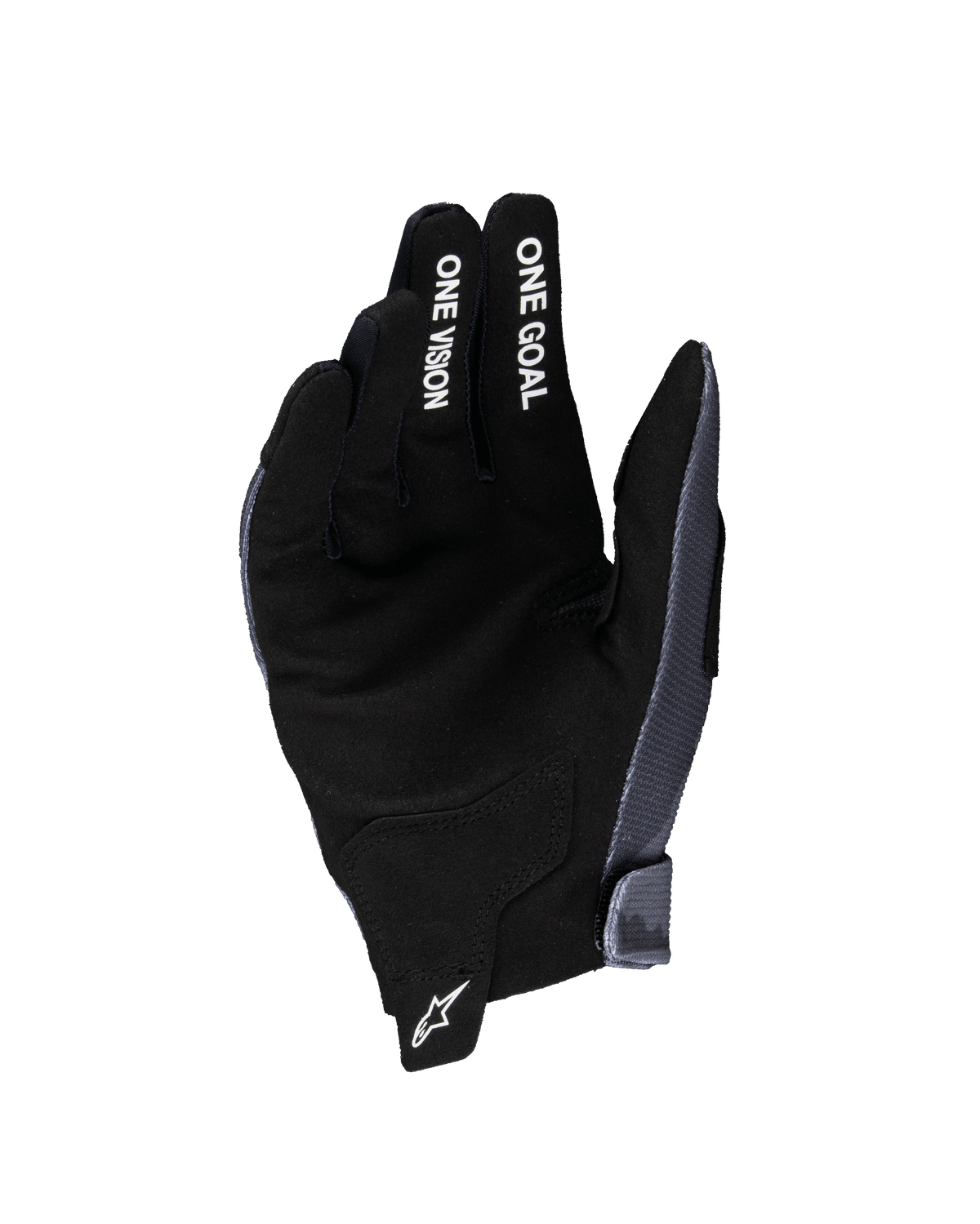 Alpinestars 2025 Youth Radar-handskar, motocrosshandskar, grå och svarta, vy från handflatan med material i syntetmocka, vit "ONE GOAL"- och "ONE VISION"-text på fingrarna, vit stjärnlogotyp på dragfliken vid handleden, specialiserade för terrängkörning för ungdomar