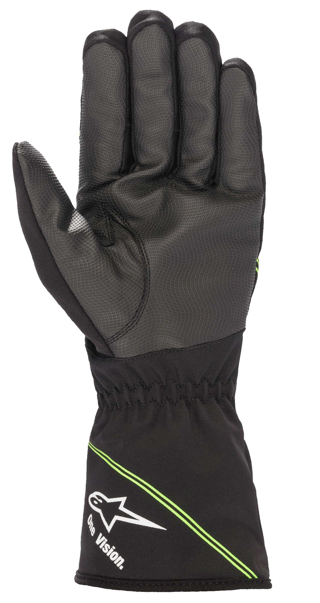 Alpinestars Youth Tempest V2 Waterproof Gloves, karthandskar, svarta med fluorescerande gröna detaljer, vy av handflatan som visar texturerad gummikomposit för förbättrat grepp, mudd med vit Alpinestars-logotyp och 'One Vision.'-märkning, diagonala gröna ränder, designade för racing i vått väder