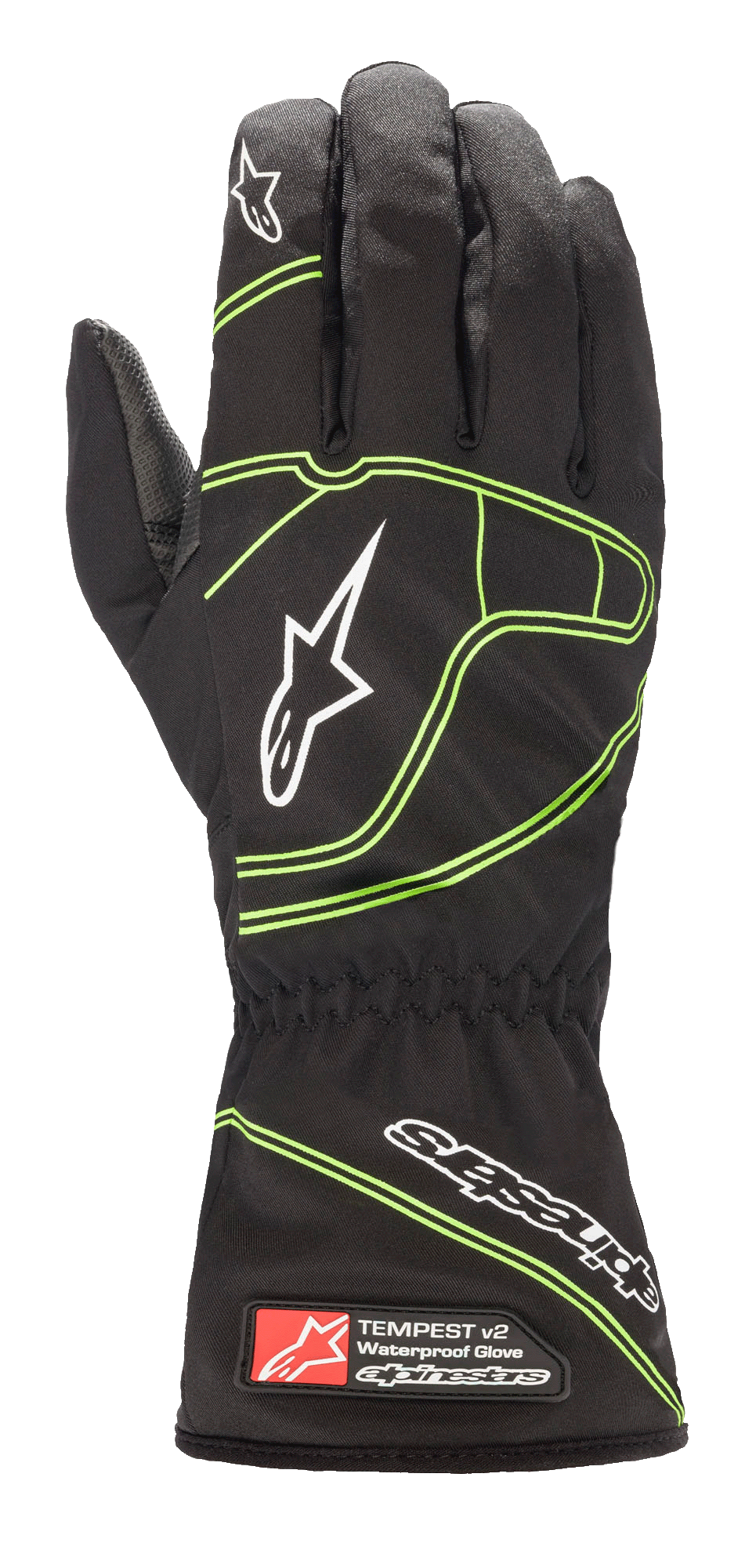 Alpinestars Youth Tempest V2 Waterproof-handskar, svarta med neongröna detaljer, med en lång krage och elastisk handled, vita stjärnlogotyper på fingrarna och handryggen, vattentät textilkonstruktion för karting för ungdomar