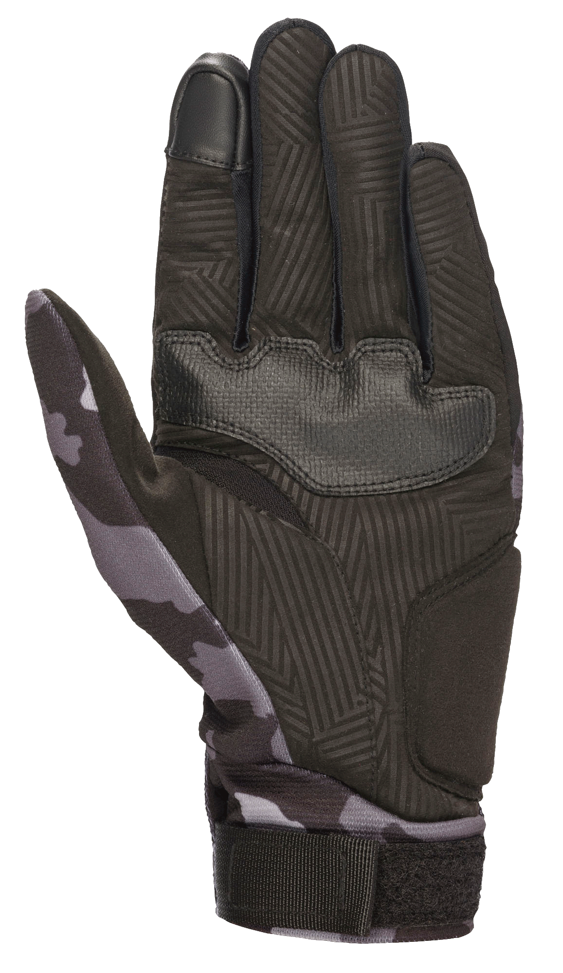 Alpinestars Ungdom Reef-handskar, Svart Grå Camo, handflata i syntetmocka med texturerat grepp, kamouflagemönster på tumme och handled, pekskärmskompatibelt pekfinger, motorcykelhandskar för stadskörning