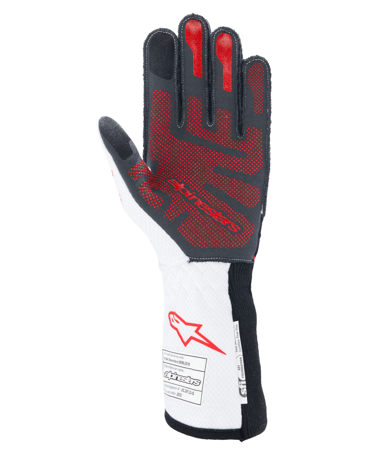 Alpinestars Tech-1 ZX V4 handskar, bilracinghandskar, svarta, vita och röda, vy av handflatan med ett rött 3D-silikongreppsmönster, vit krage med röd Alpinestars-logotyp och FIA- och SFI-certifieringsetiketter