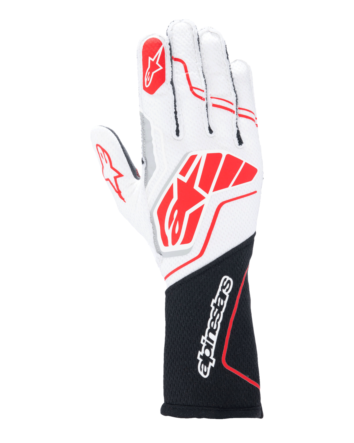 Alpinestars Tech-1 ZX V4 handskar, racinghandskar för bilsport, vita och svarta med röda detaljer, texturerat bikaketyg med utvändiga sömmar, stor röd logotyp på handryggen, svart förlängd handledssektion med vit Alpinestars-textlogotyp