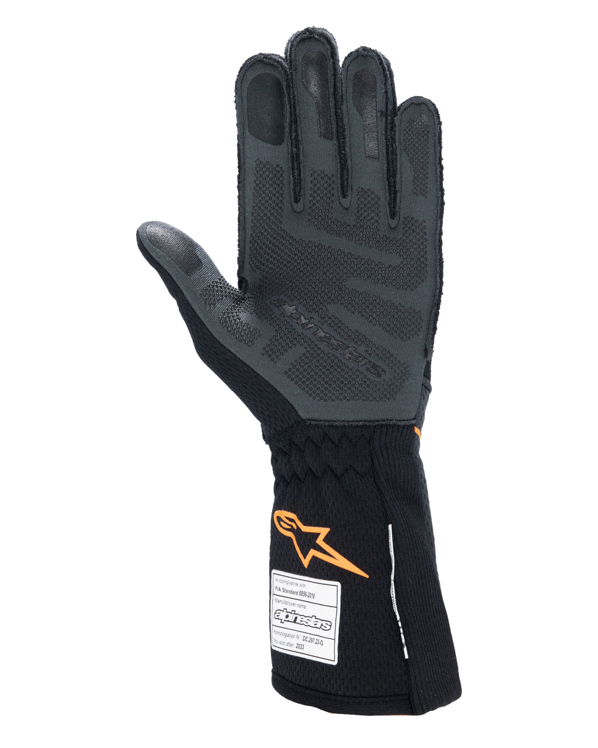 Alpinestars Tech-1 ZX V4-handskar, bilracinghandskar, svart och orange fluo, handflata som visar 3D-silikongreppsmönster och bikakestruktur, FIA- och SFI-homologeringsetiketter synliga på mudden, professionell motorsportutrustning