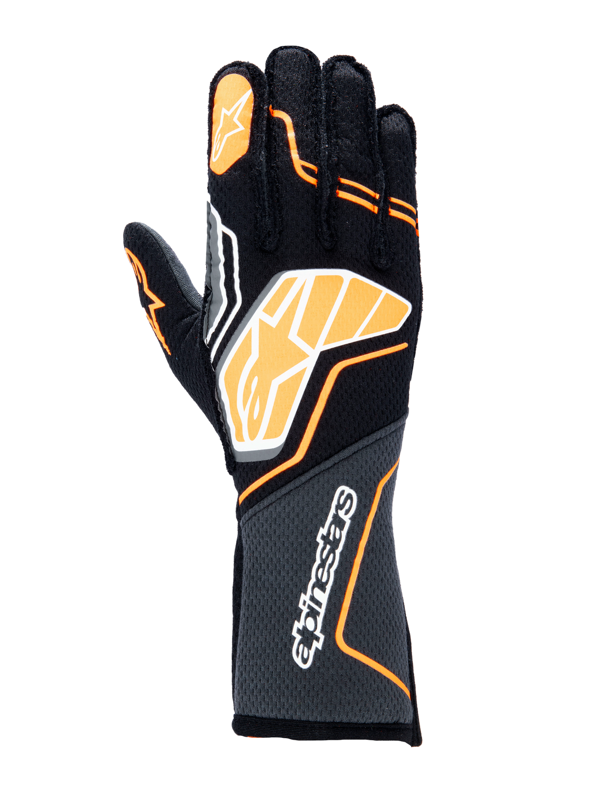 Alpinestars Tech-1 ZX V4 handskar, racinghandskar för bilsport, svarta med detaljer i orange fluo och vitt, stor grafisk logotyp på handryggen, bikakemönstrat texturerat tyg på mudden, sportig geometrisk design för professionell racing