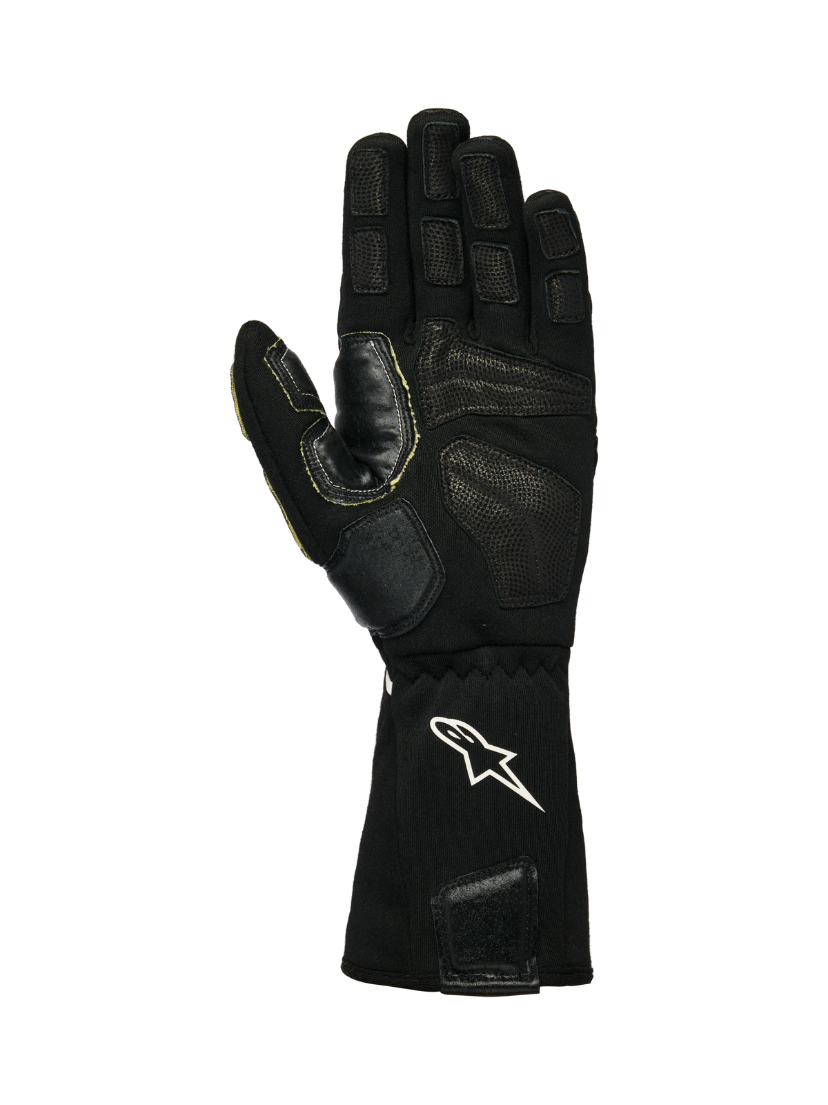 Alpinestars Tech-M V2 FIA-handskar, depåhandskar, svart och vit, vy av handflatan som visar texturerat läder och silikongreppytor, vit stjärnlogotyp på den elastiska manschetten, designade för användning av hjulpistol inom motorsport
