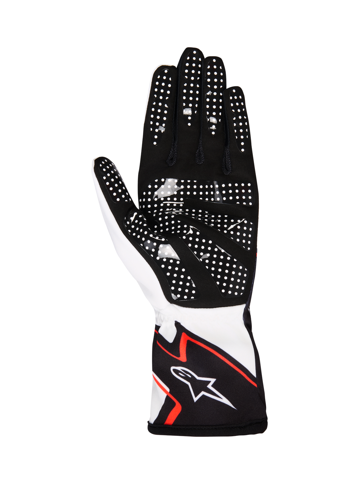 Alpinestars Tech-1 K Race V2 handskar Graphic 1, kartinghandskar, vit, svart och starkt orange, vy av handflatan med svart syntetisk mocka och vita silikonprickar för grepp, ergonomisk design med Alpinestars-logotyp på manschetten