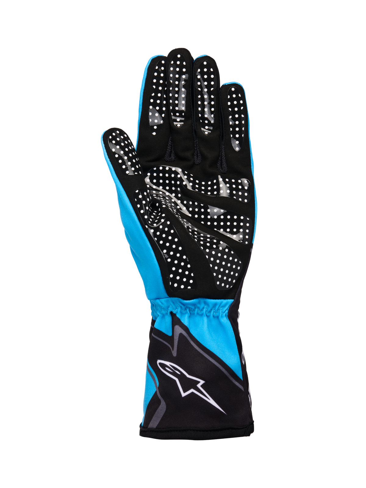 Alpinestars Tech-1 K Race V2 Handskar Graphic 1, kartinghandskar, cyan, svart och vit, med handflata i syntetisk mocka med vitt silikonprickmönster för grepp, elastisk manschett med vit Alpinestars-logotyp, lätt konstruktion med god andningsförmåga för motorsport