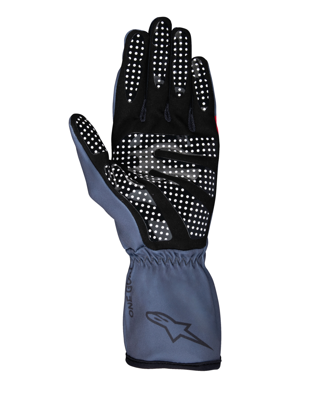 Alpinestars Tech-1 K Race V2 Pure-handskar, karthandskar, asfalt och svart, vy av handflatan som visar vitt silikongreppsmönster, ergonomisk design med kragmanschett och Alpinestars-branding
