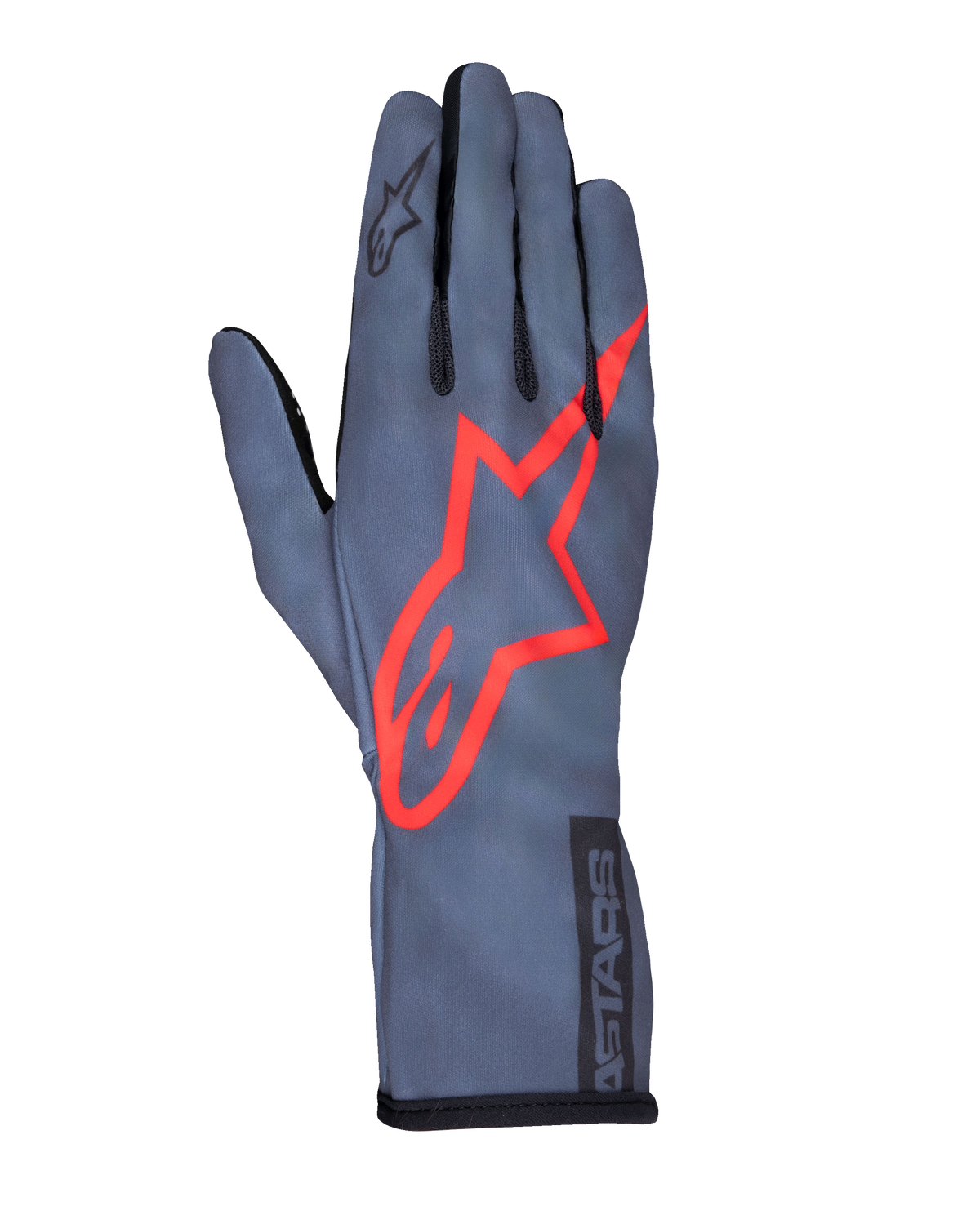 Alpinestars Tech-1 K Race V2 Pure handskar, kartinghandskar, asfaltgrå och röd, med en stor röd stjärnlogotyp på handryggen, lätt meshkonstruktion, lång manschett, smidig prestandadesign för karting