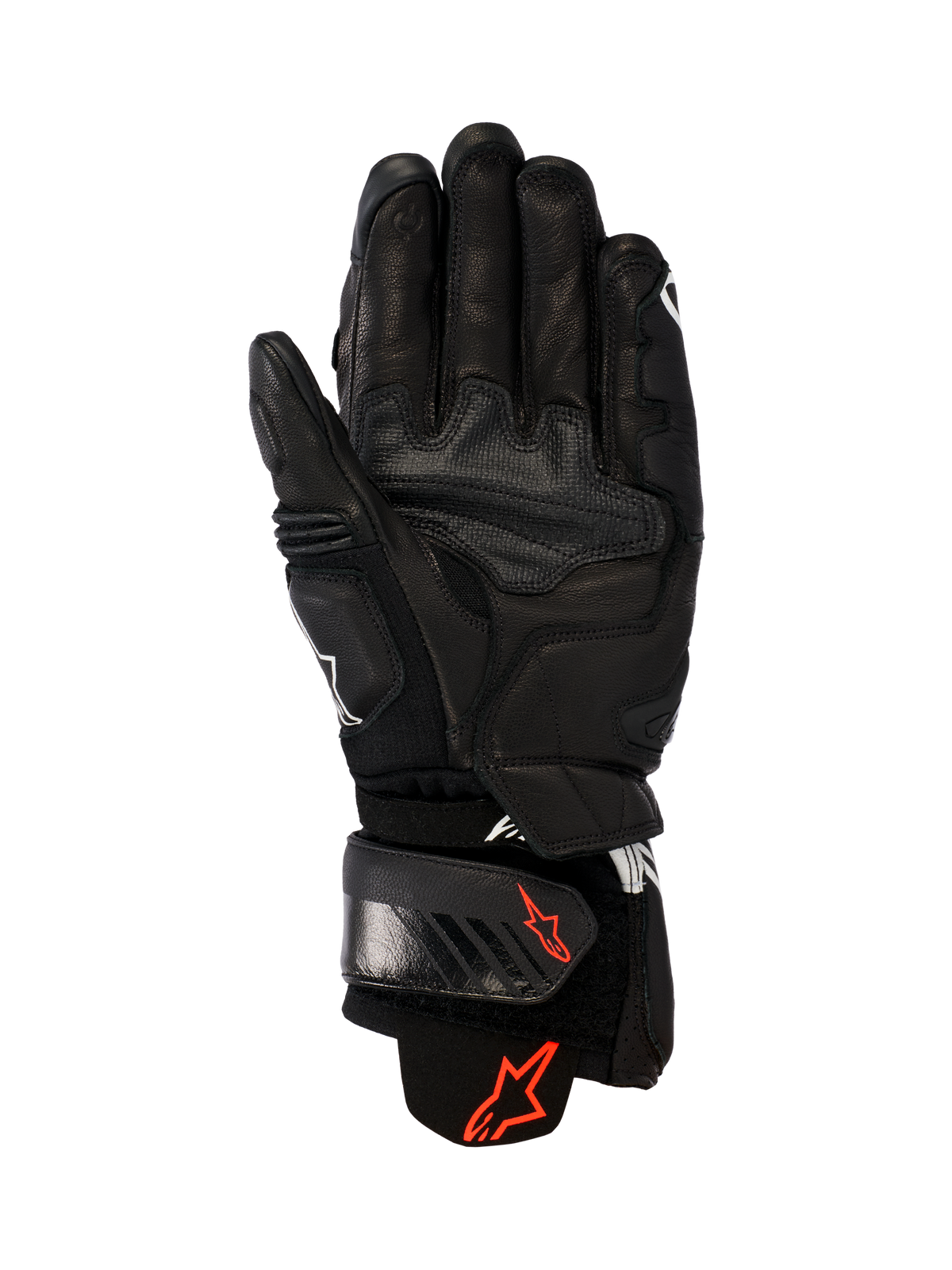 Alpinestars GP Plus R V3 läderhandskar, svarta, vy av handflatan som visar hållbar läderkonstruktion, röda Astars-logotyper på handledsremmen och manschetten, förstärkta grepp-paneler och en justerbar stängning för racing- och sportprestanda.