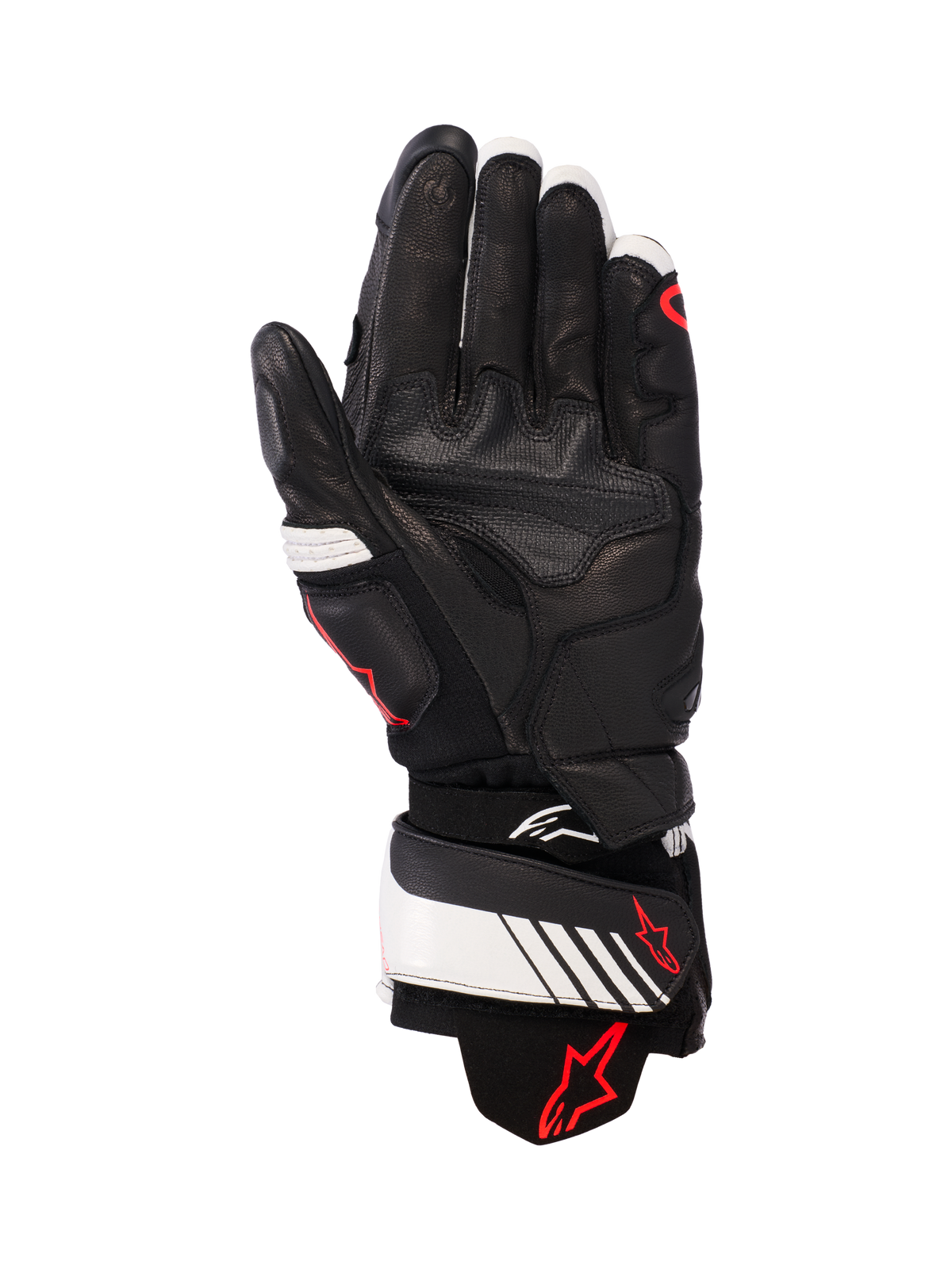 Alpinestars GP Plus R v3 läderhandskar, svarta, vita och röd fluo, handflatsvy som visar konstruktion i helskinn med förstärkt stoppning, vit handledsrem med röd Alpinestars-logotyp, racinginspirerad skyddsutrustning för motorcyklister