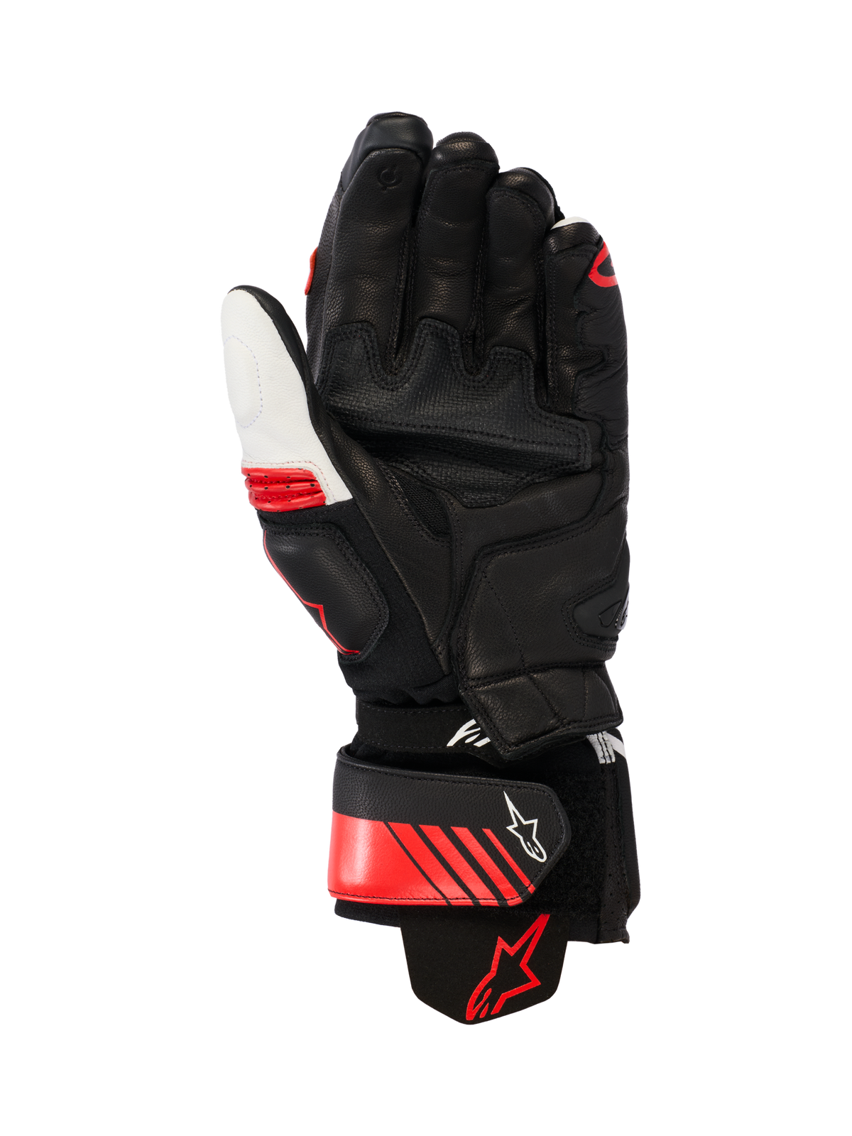 Alpinestars GP Plus R V3 läderhandskar, racing-/sporthandskar för motorcykel, svart, vit och klarröd, vy av handflatan som visar förstärkt läderkonstruktion, sliders i handflatan och en manschett i aramidstretch, med en säker handledsrem med Alpinestars-logotyp och ergonomisk förböjd design
