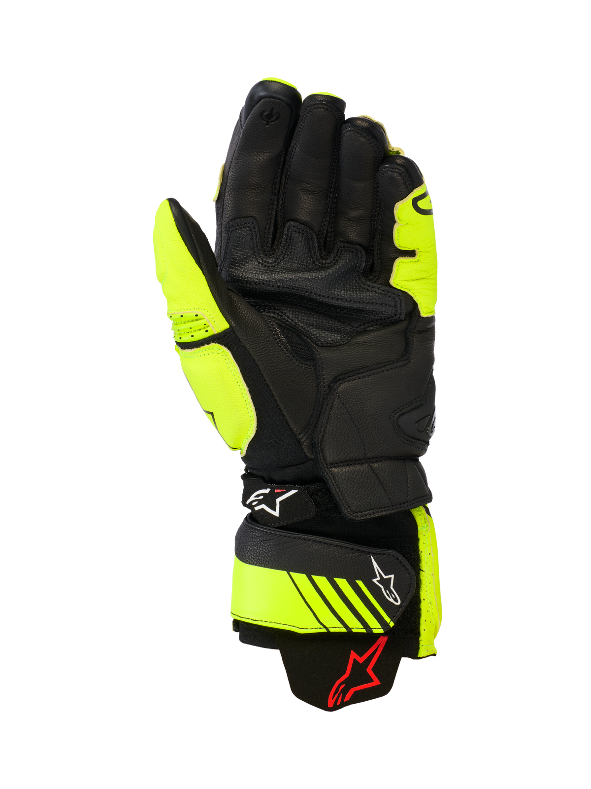 Alpinestars GP Plus R V3 Läderhandskar, racing- och sportmotorcykelhandskar, gul fluo och svart, vy av handflatan som visar läderkonstruktion, förstärkta greppområden och justerbara manschettremmar med Alpinestars-logotyp, högpresterande utrustning för bana