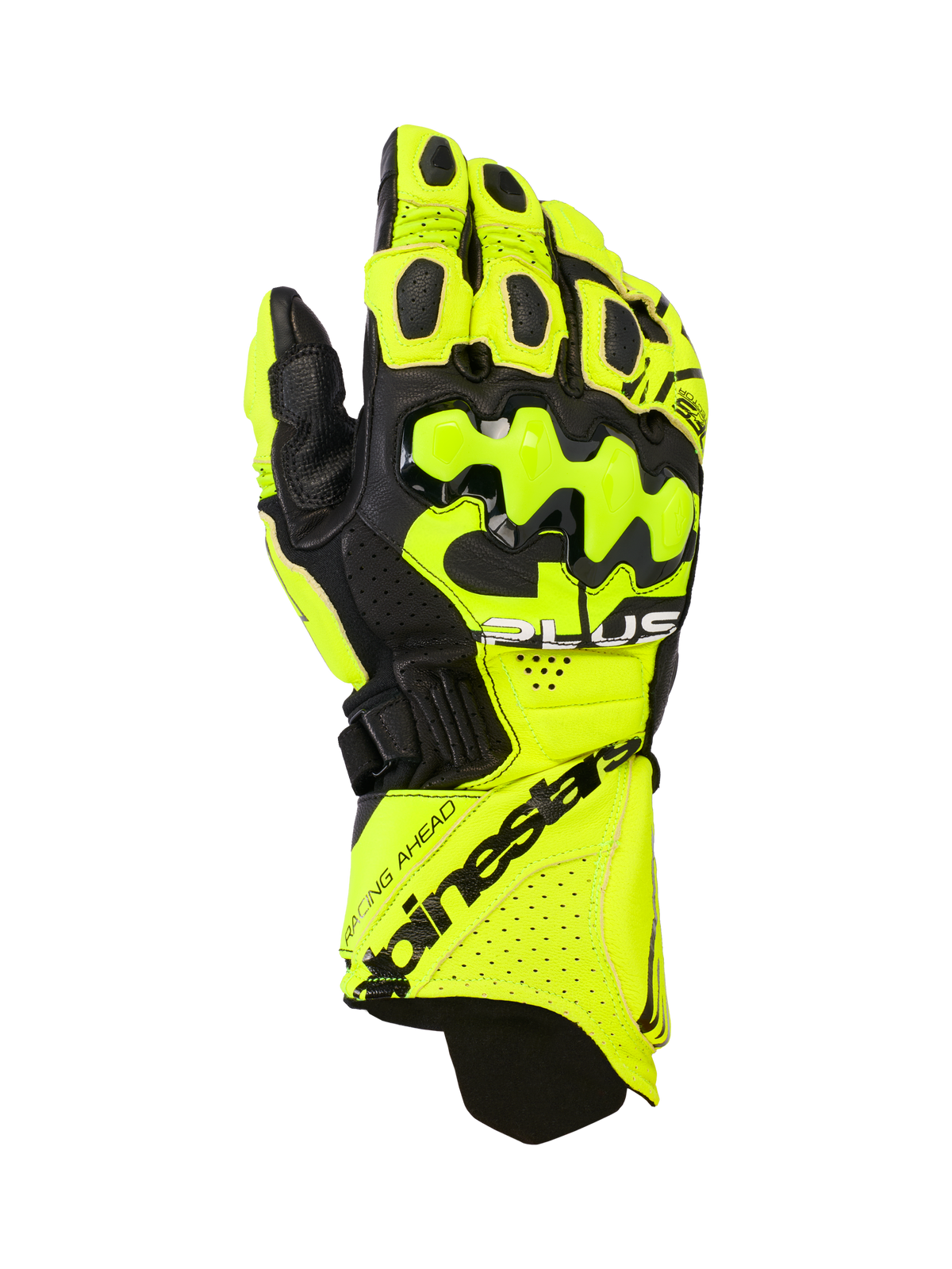 Alpinestars GP Plus R V3 läderhandskar, motorcykelracinghandskar, gul fluo och svart, med hårda knogskydd, perforerade ventilationszoner och säker manschettstängning med framträdande logotyp.