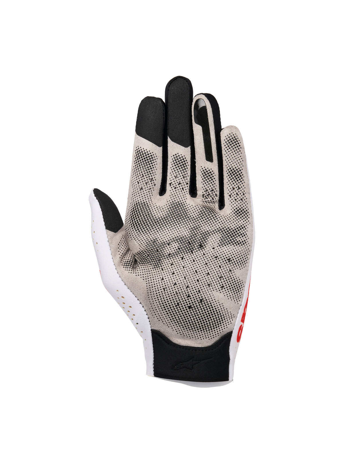 Alpinestars Sim Gloves Graphic 1, SIM-racinghandskar, Silver Ice Black och Red Tangerine, vy av handflatan med 3D-grepptryck och Nanofront®-tyg, perforerad tumsektion och svarta pekskärmskompatibla fingertoppar för virtuell racingprestanda.