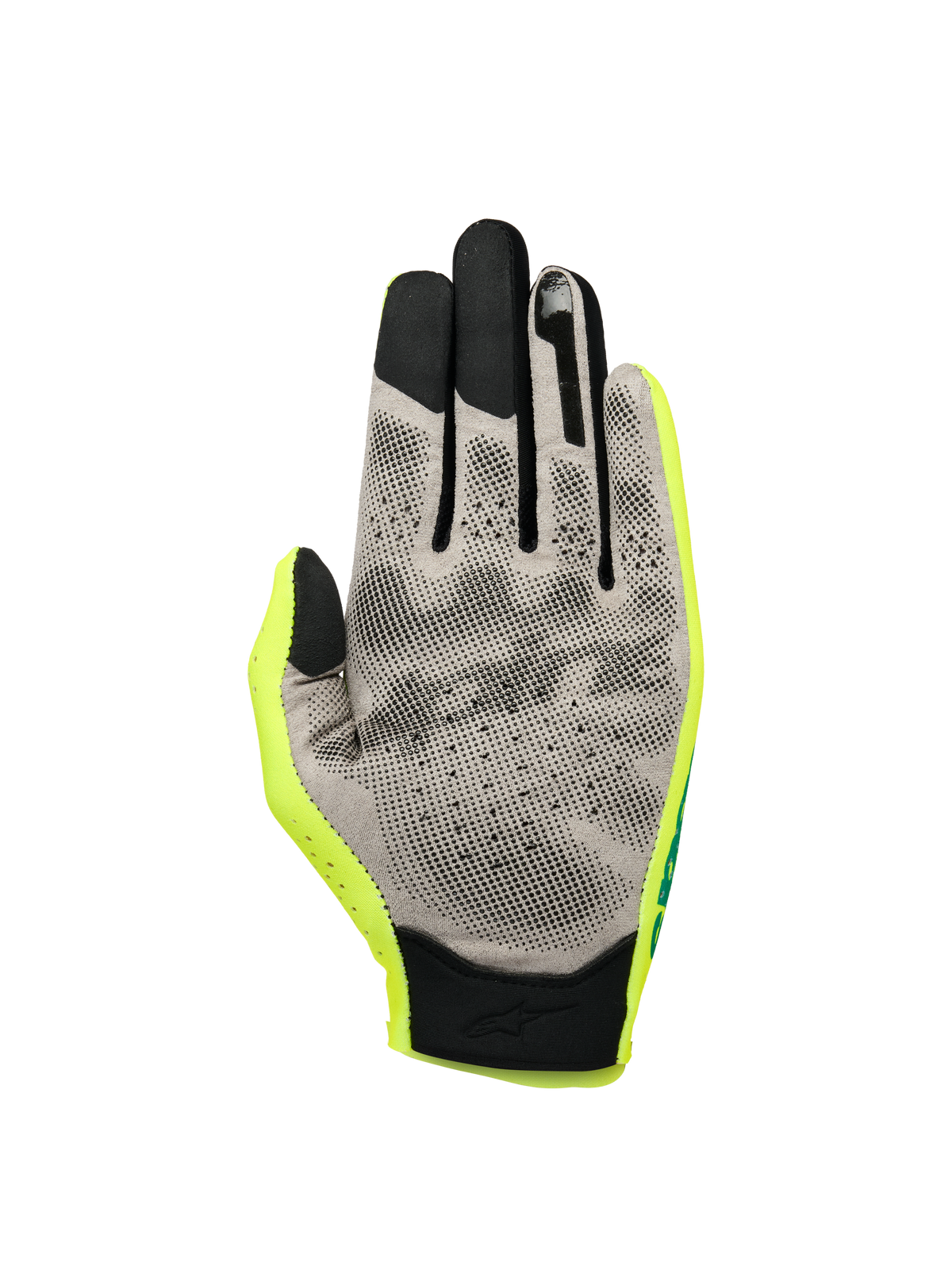 Alpinestars Sim Gloves Graphic 1, SIM Racing Gloves, Safety Yellow Black and Turquoise, palm view showing gray Nanofront® material with black 3D grip pattern, touchscreen-compatible fingertips, and lightweight textile construction