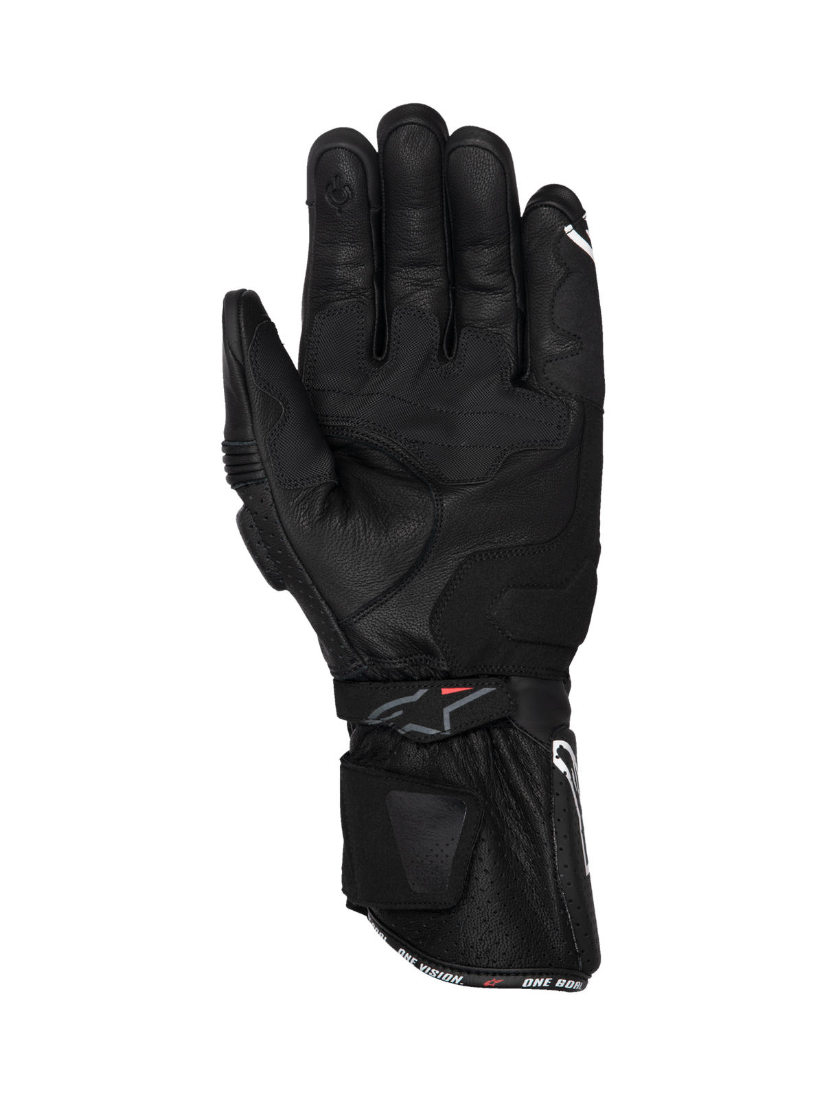 Alpinestars SP-3 handskar i svart läder för motorcykelracing, vy av handflatan med lång manschett och förstärkt grepp.