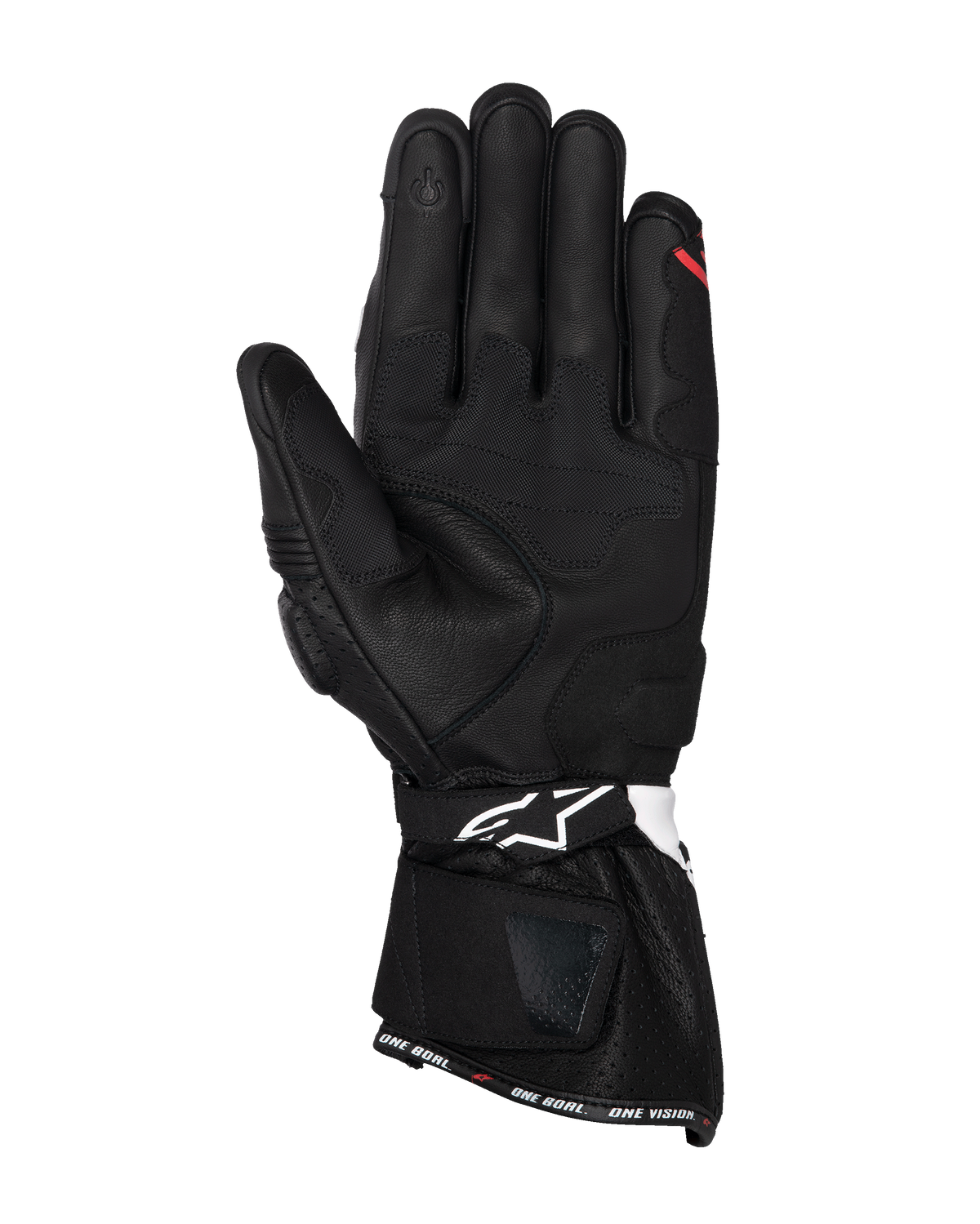 Alpinestars SP-3 Handskar, svarta motorcykelhandskar i läder, vy av handflatan med förstärkta greppaneler, pekskärmskompatibelt pekfinger, lång manschett med vit logotyp på handledsremmen och 'ONE GOAL. ONE VISION.'-detalj på kanten.